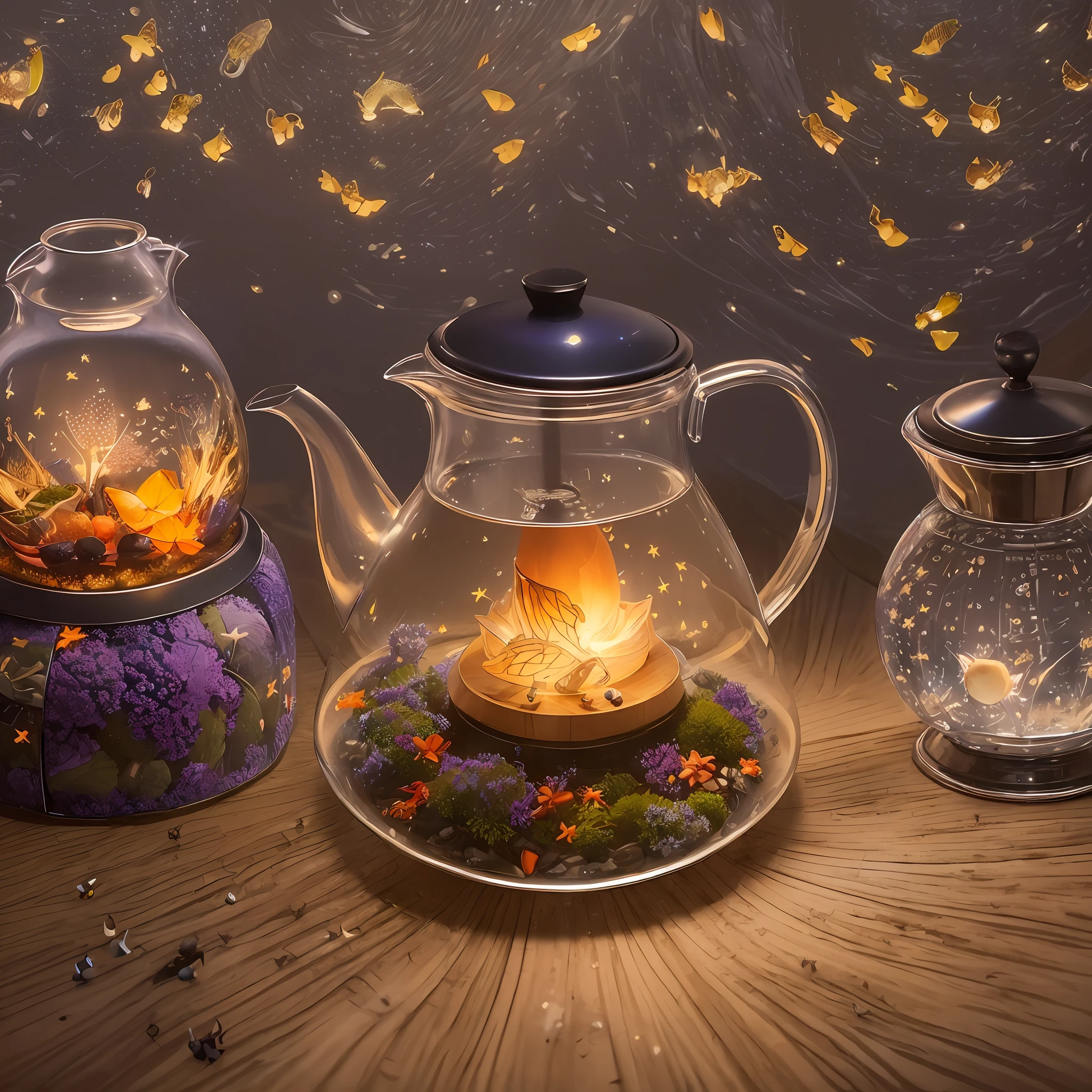 Computer, Extensive landscape ultrasound photography glass teapot, flowers, fire, fly agarics, fireflies (general view, which shows a teapot with butterflies), inside the kettle sea (ultradetailed), full moon, (detailed), firefly (detailed), night night, reflection of the moon, (1:3), fireflies (1:3), BREAK production art, (cold light source:1.2), (Firefly:1.2), purple, fire particles, colors, complex details, volumetric lighting, realistic fantasy BREAK (masterpiece:1.2),  (Best Quality), 4K, Ultra Detailed, (Dynamic Composition: 1.4), High Detailed, Colorful Details, (Gloomy Colors: 1.2), (Luminous Lighting, Atmospheric Lighting), Gloomy, Dark, Magical --auto --s2