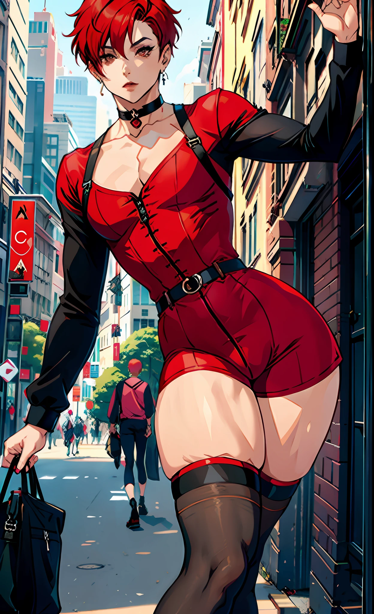 Male, Boy, makeup, short red hair pixie, shaved, large thighs, bulge, genitals, erect, choker, shorts, thigh socks, transparent blouse, long sleeve, background: city