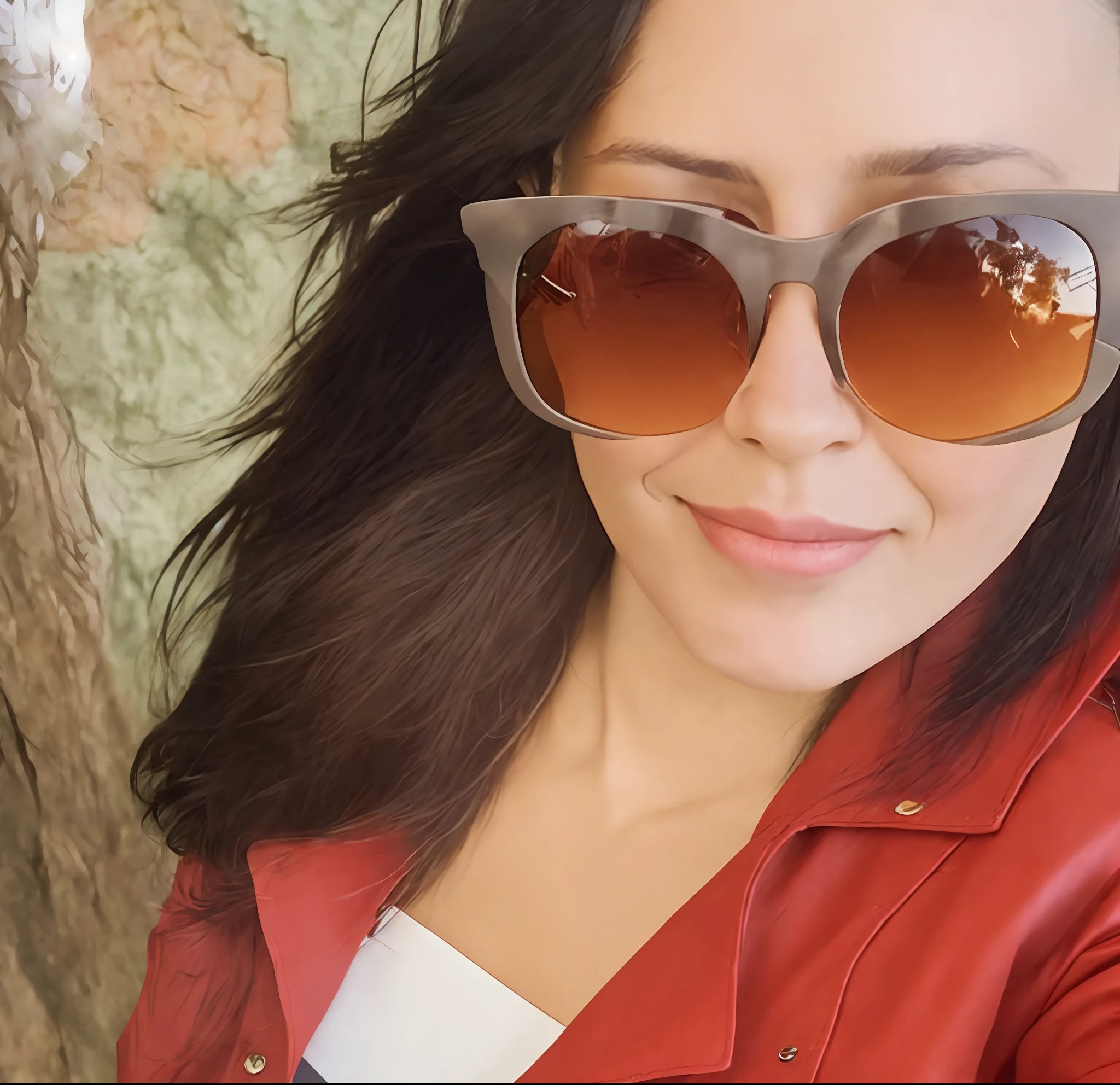 araffe woman wearing sunglasses and a red jacket posing for a picture, with sunglass, profile image, with sunglasses, in the sun, profile pic, red sunglasses, in sun glasses, wearing red tainted glasses, fernanda suarez, lorena avarez, with the sun shining on it, wearing orange sunglasses, red leather jacket, designer sunglasses