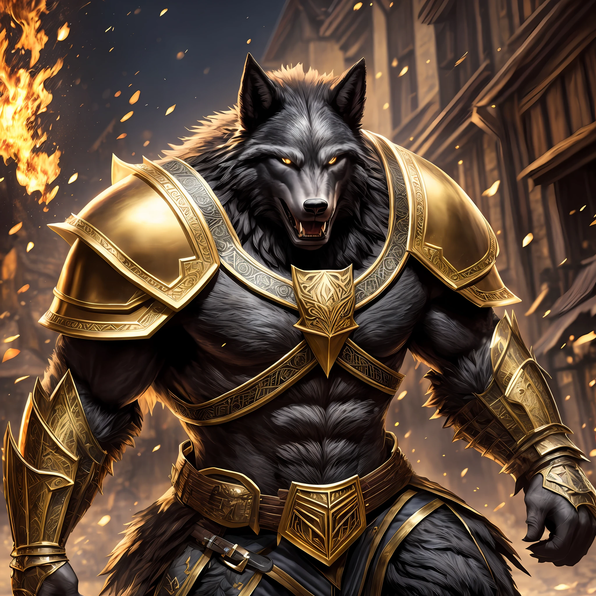 Young giant man black werewolf, broad muscular, wearing a medieval Armor, large shoulder pads, gold breastplate and a furry cape, angry, fighting, outside a tavern, Realistic, Full HD, best quality