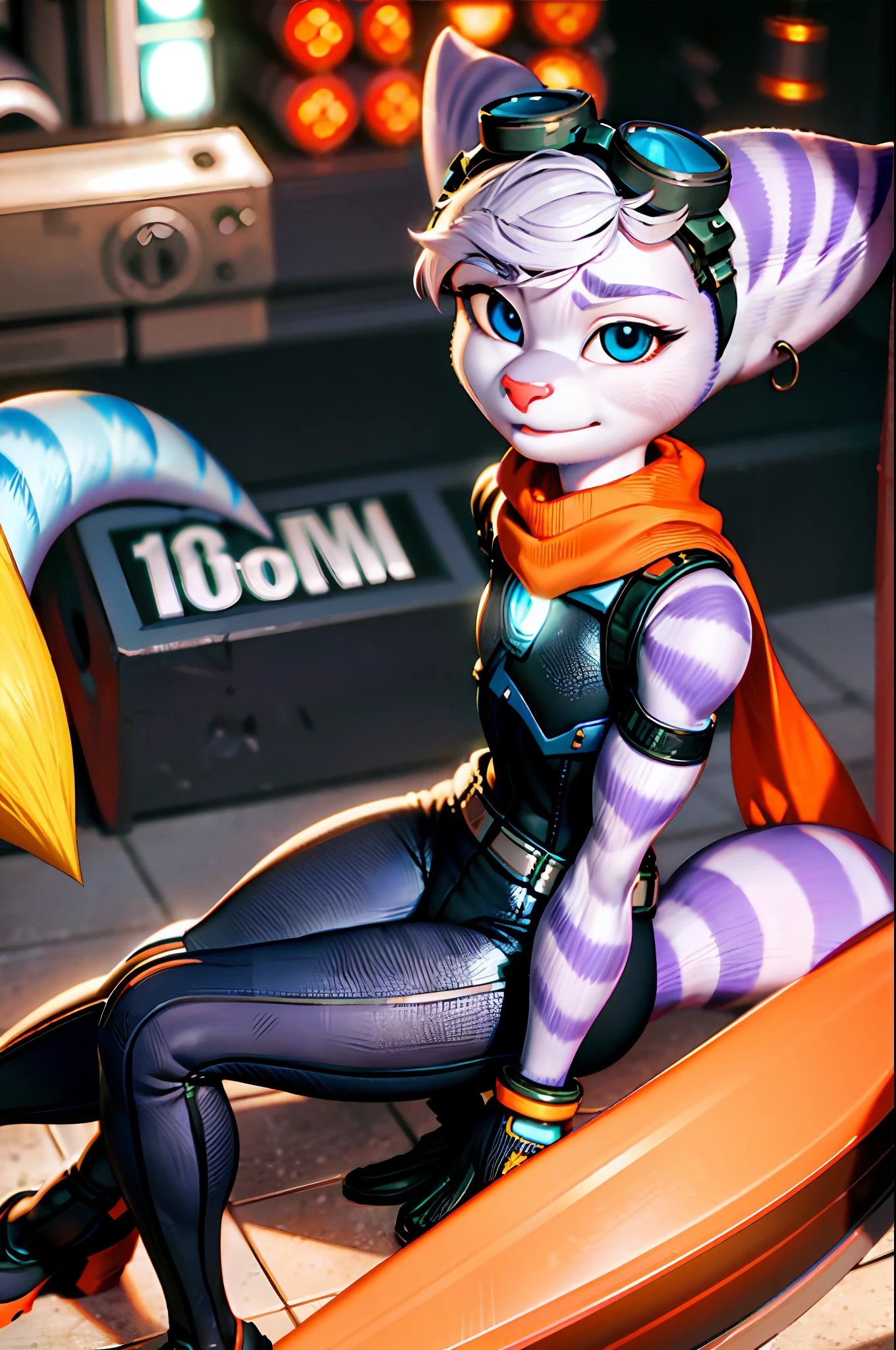 furry, rivetlombax, blue eyes, animal ears, earrings, goggles on head, bangs, mechanical arms, scarf, bodysuit, belt, tail, city