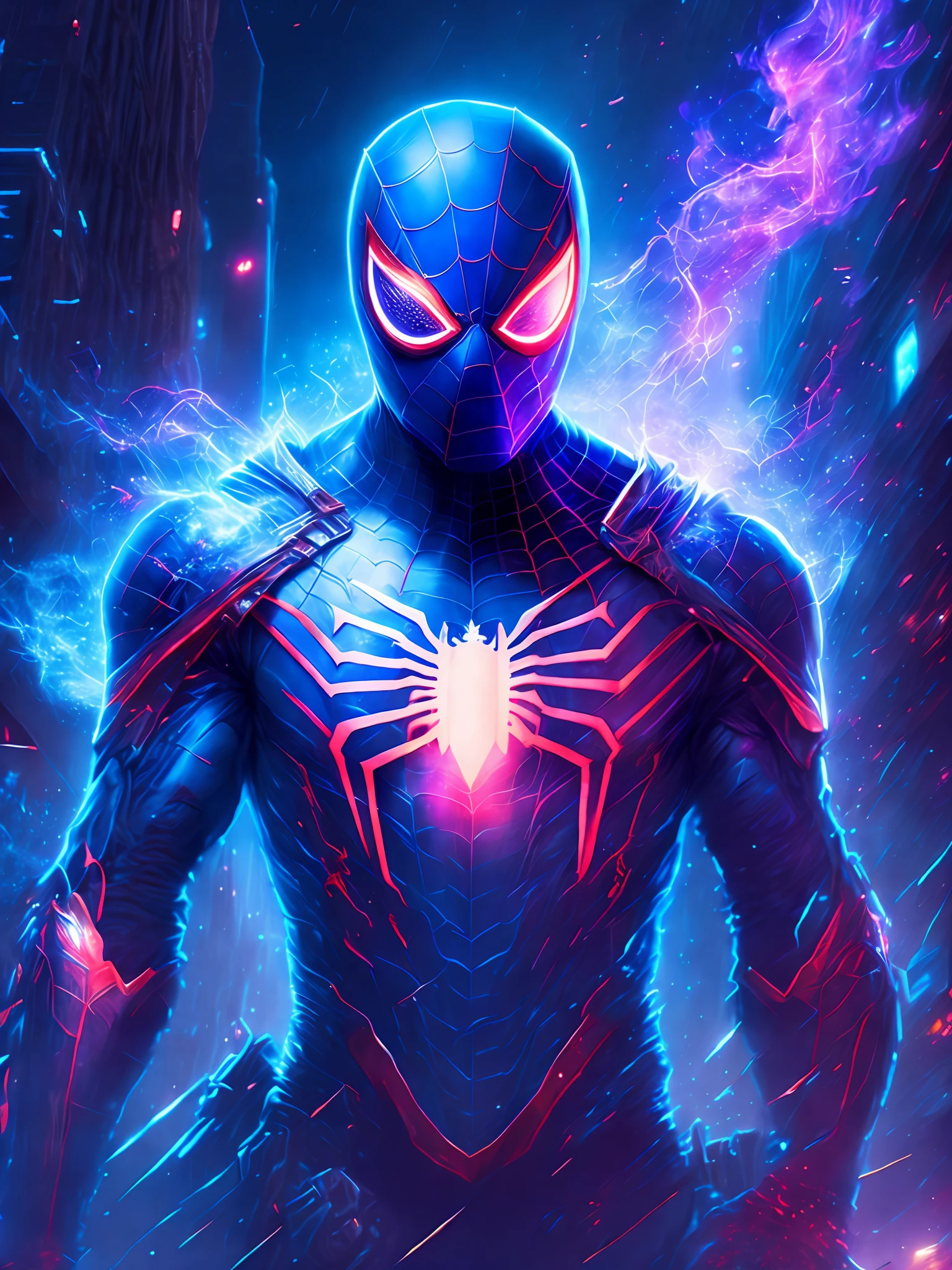 gloomy portrait of Cosmic Spider-Man from Marvel, extremely detailed, futuristic cityscape, nighttime, glowing neon lights, smoke, sparks, metal shavings, flying debris, blue energy effects, volumetric light