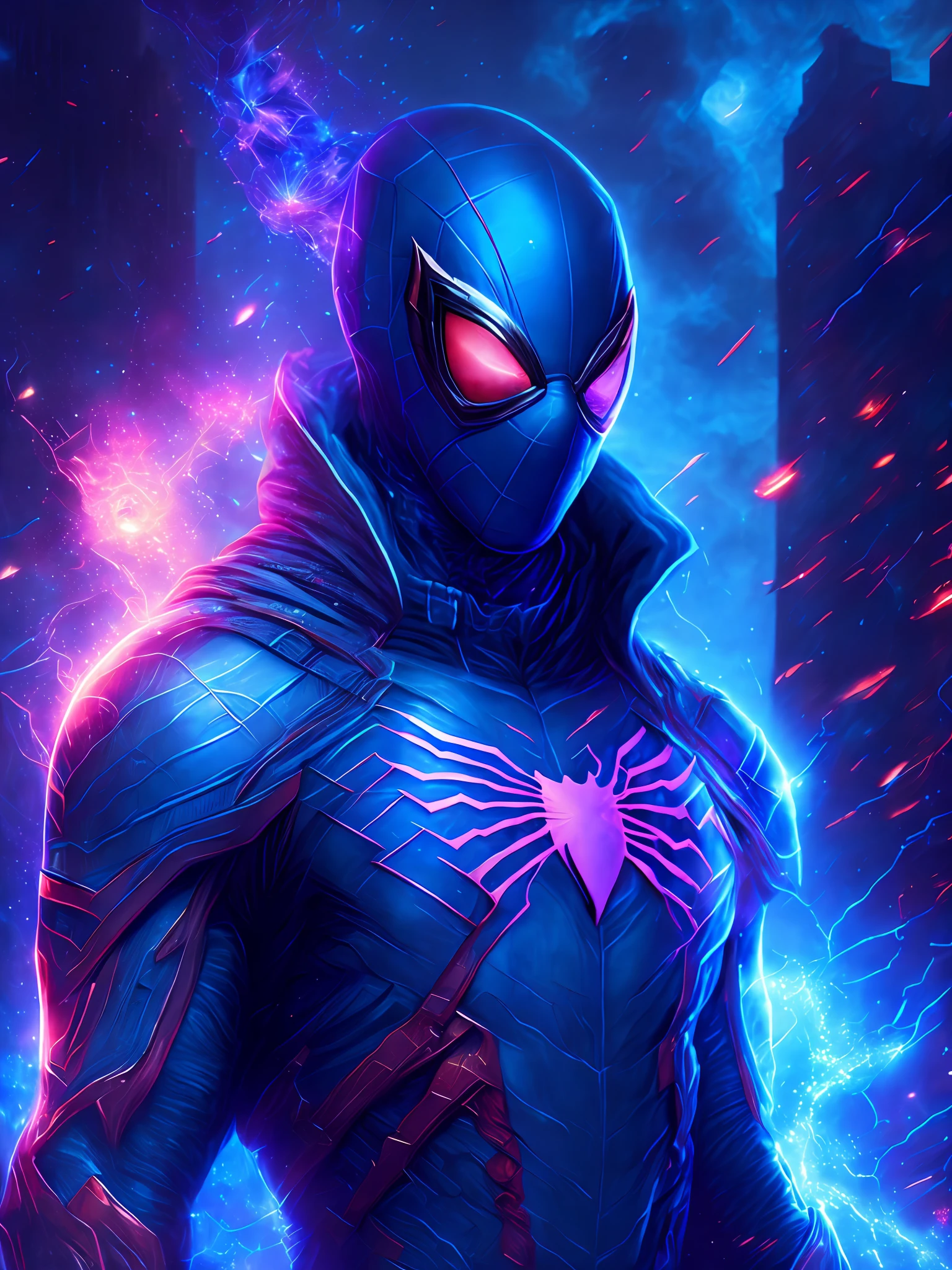 gloomy portrait of Cosmic Spider-Man from Marvel, extremely detailed, futuristic cityscape, nighttime, glowing neon lights, smoke, sparks, metal shavings, flying debris, blue energy effects, volumetric light
