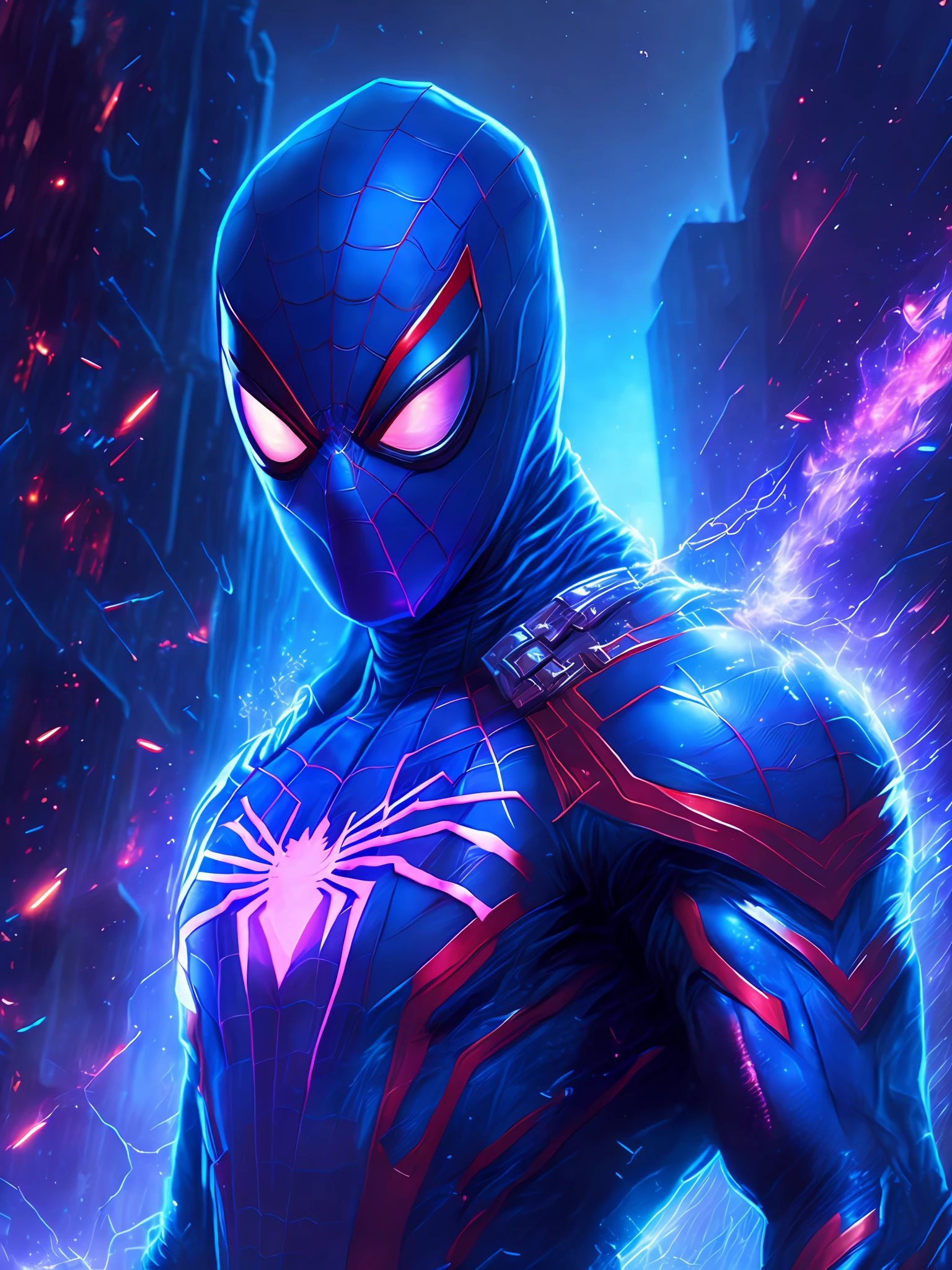 gloomy portrait of Agent Spider-Man from Marvel, extremely detailed, futuristic cityscape, nighttime, glowing neon lights, smoke, sparks, metal shavings, flying debris, blue energy effects, volumetric light