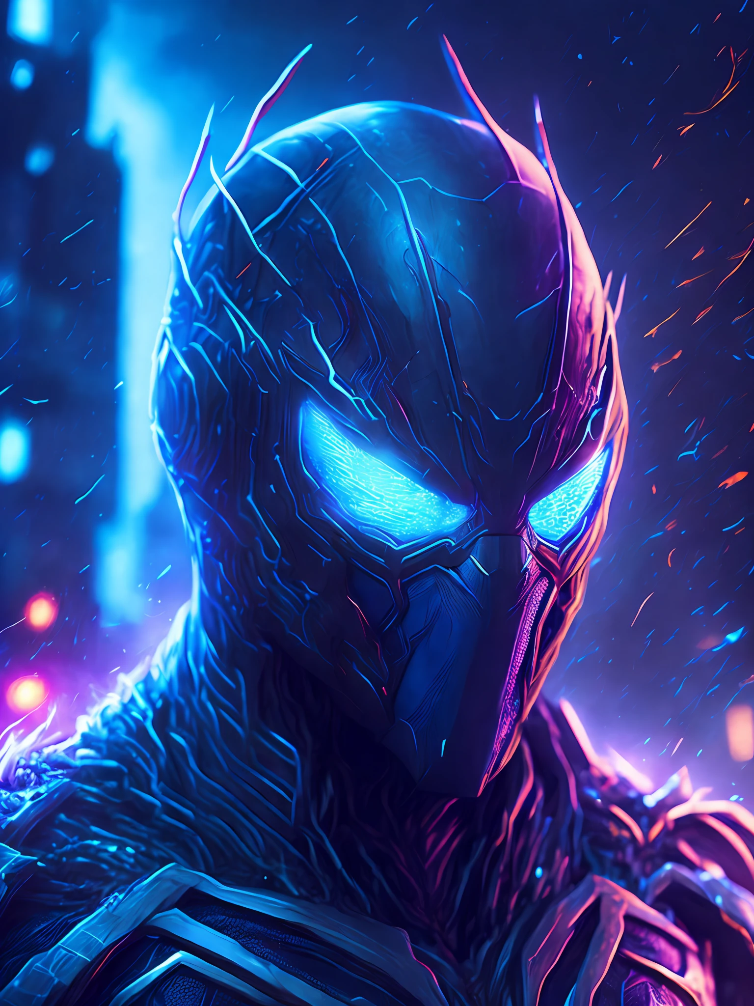 gloomy portrait of Spider-Venom from Marvel, extremely detailed, futuristic cityscape, nighttime, glowing neon lights, smoke, sparks, metal shavings, flying debris, blue energy effects, volumetric light