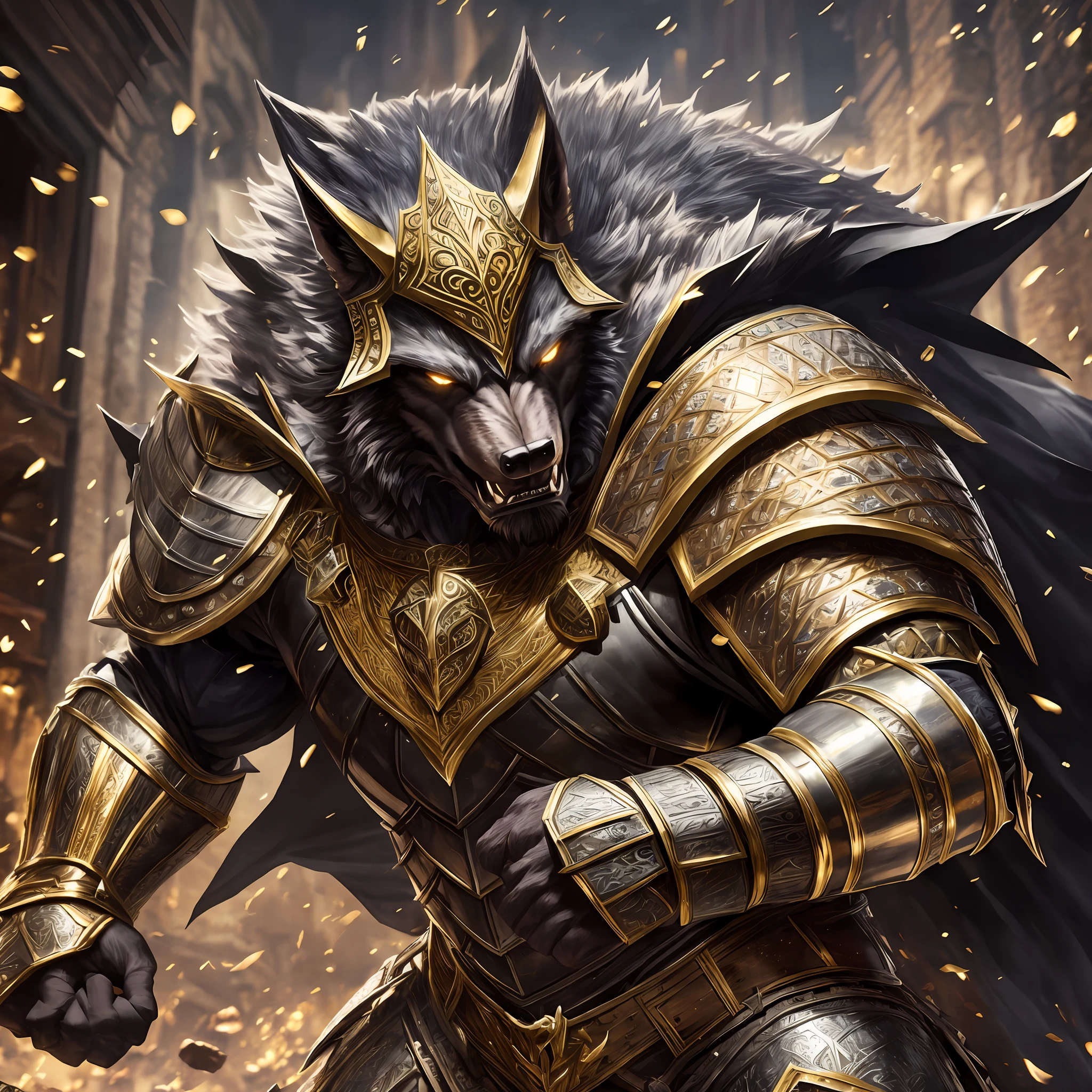 Young giant man black werewolf, broad muscular, wearing a medieval Armor, large shoulder pads, gold breastplate and a furry cape, angry, fighting, outside a tavern, Realistic, Full HD, best quality