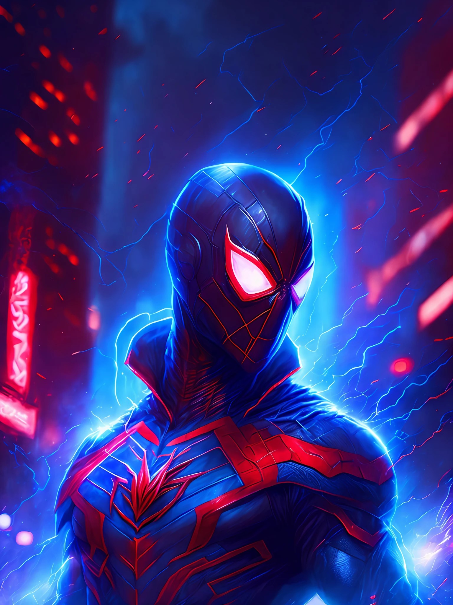 gloomy portrait of Scarlet Spider from Marvel, extremely detailed, futuristic cityscape, nighttime, glowing neon lights, smoke, sparks, metal shavings, flying debris, blue energy effects, volumetric light