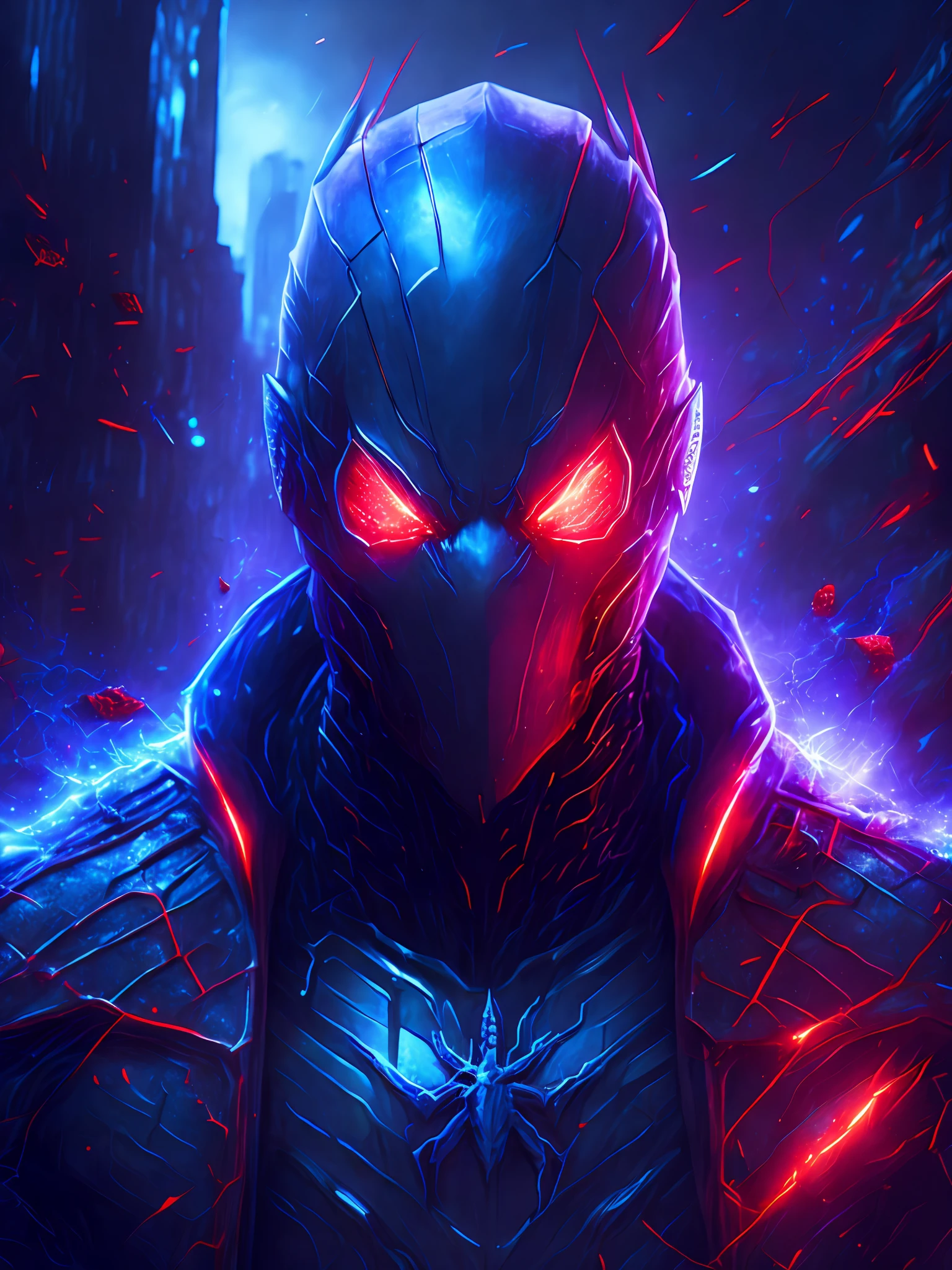 gloomy portrait of Blood Spider from Marvel, extremely detailed, futuristic cityscape, nighttime, glowing neon lights, smoke, sparks, metal shavings, flying debris, blue energy effects, volumetric light