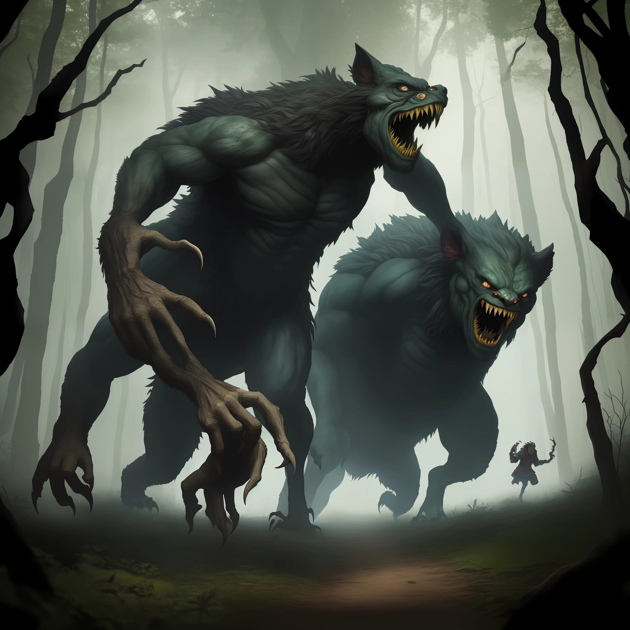 The Cursed Grove: Where the Monsters Hide"
Marcelo and his wife decided to walk in the woods near their home, despite the stories they heard about this place being cursed. Suddenly, they found themselves lost and the woods seemed to be getting darker and more dangerous.
Suddenly, they heard a loud, wild roar, and were horrified to see a monstrous creature emerging from behind the trees. The creature had sharp claws and teeth, a muscular body, and a wild look.
Marcellus and his wife ran as fast as they could, trying to escape that creature, but she always seemed one step ahead of them. They finally managed to escape the woods, but Marcellus never had the courage to walk there again.