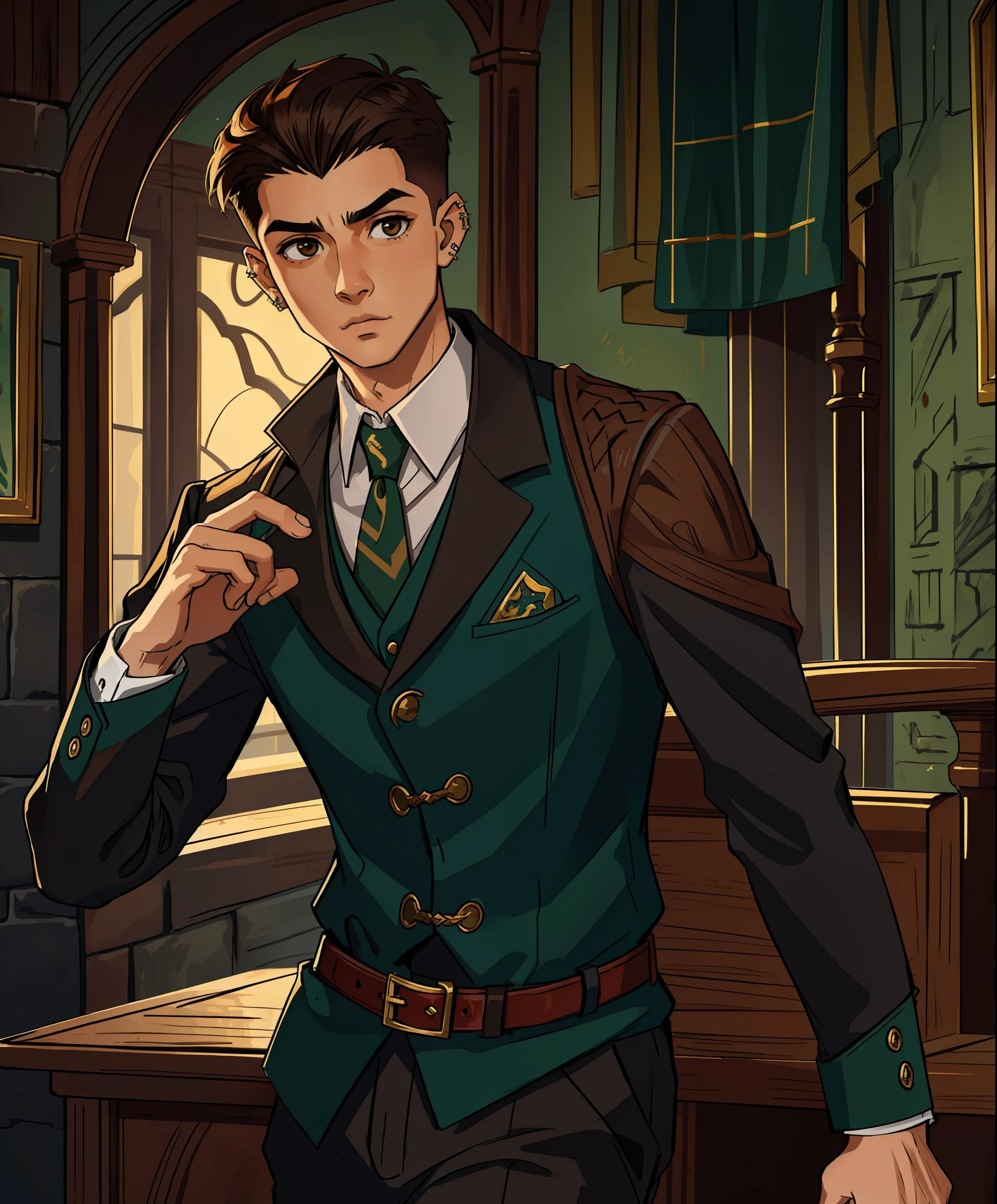 (masterpiece, best quality), intricate details, 8k, artstation, wallpaper, official art, splash art, sharp focus,
1boy, short hair half shaved on the sides, brown eyes, black hair with red locks, 
 Wearing a Slytherin/Slytherin suit, eyebrow and mouth piercing, brown skin
Hogwarts in the background