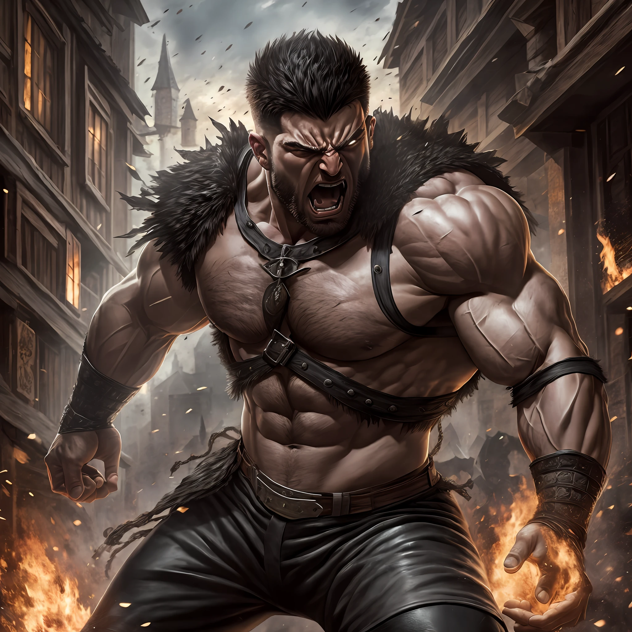 Young giant man muscular wide, rage, berserk, wearing a black medieval pants, torn clothes, angry, screaming, fury, outside a tavern, Realistic, Full HD, best quality