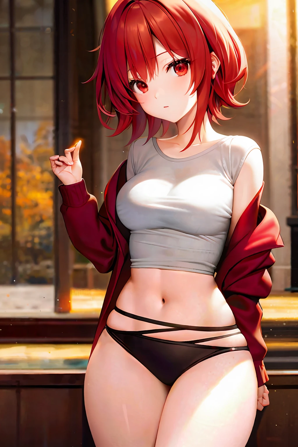 Short Red Hair (Big: 1.1) Red Eyes, Sexy, Small Waist, (Wide Hips), See-Through Cardigan (Masterpiece: 1.2, Superb), Realistic, (Real Shot, Fine Craft, Depth of Field), (1 Girl