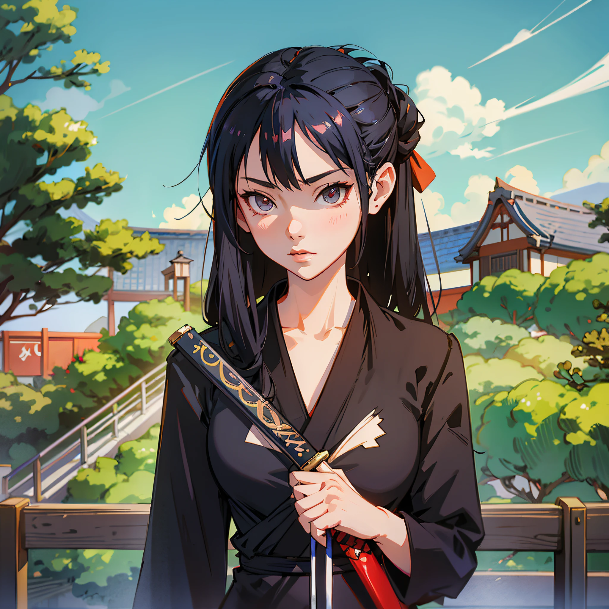 anime girl in kimono outfit holding a sword and looking at the camera, she is holding a katana sword, painted in anime painter studio, anime style portrait, in anime style, anime style illustration, digital anime illustration, in an anime style, anime moe artstyle, katana, made with anime painter studio, anime styled digital art, demon slayer rui fanart