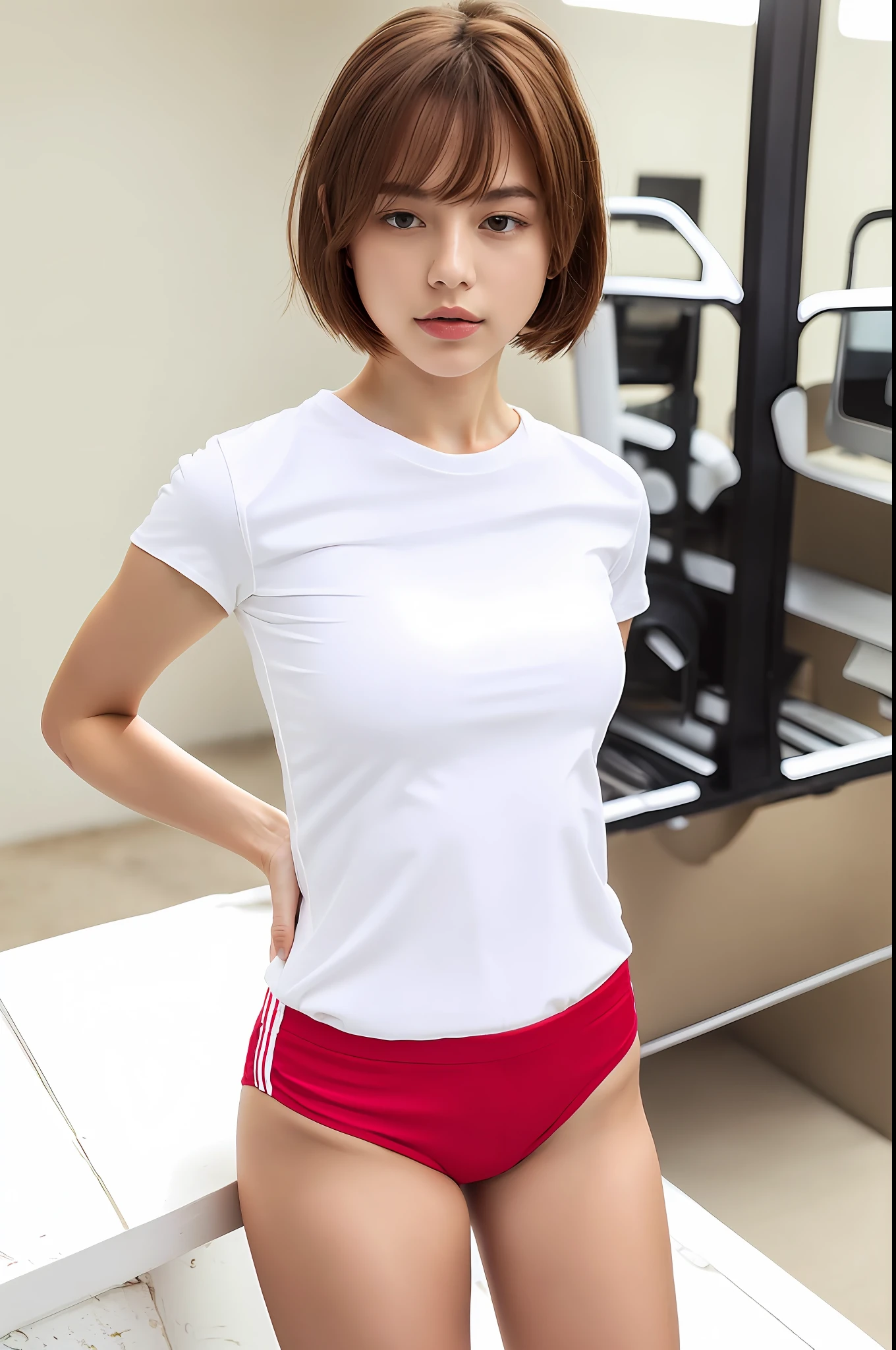 Slim girl model photo, short hair, wearing white shirt and red shorts, smooth white tight clothes suit, tight shirt, wearing white leotard, fit dainty figure, cute sportswear, thin waist, tight simple clothes, short hair,  --auto --s2