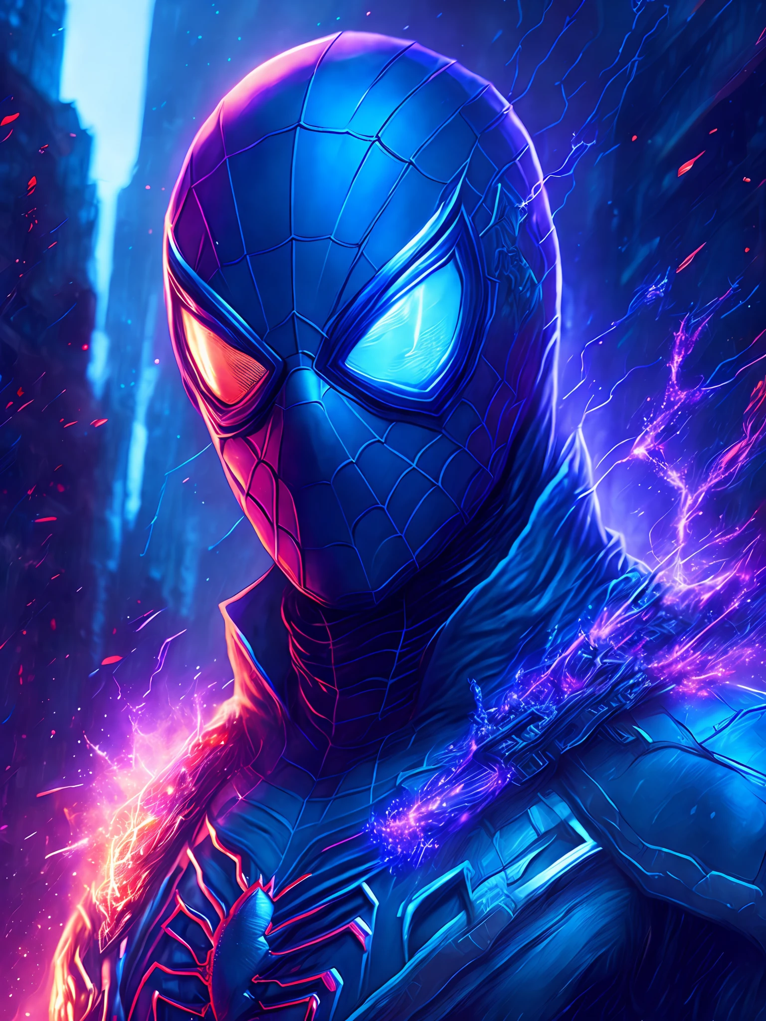gloomy portrait of Poison Spider-Man from Marvel, extremely detailed, futuristic cityscape, nighttime, glowing neon lights, smoke, sparks, metal shavings, flying debris, blue energy effects, volumetric light