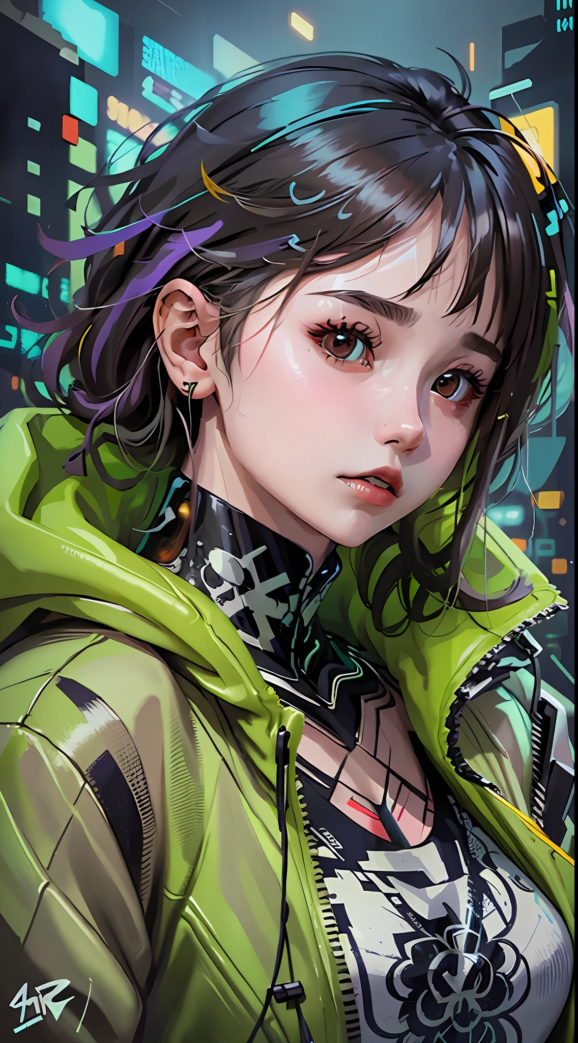 Wearing cyberpunk complex streetwear, beautiful, girl, detailed portrait, 4 K, bright colors, concept art, cinematic dramatic atmosphere, sharp focus, volumetric lighting, cinematic lighting, studio quality
