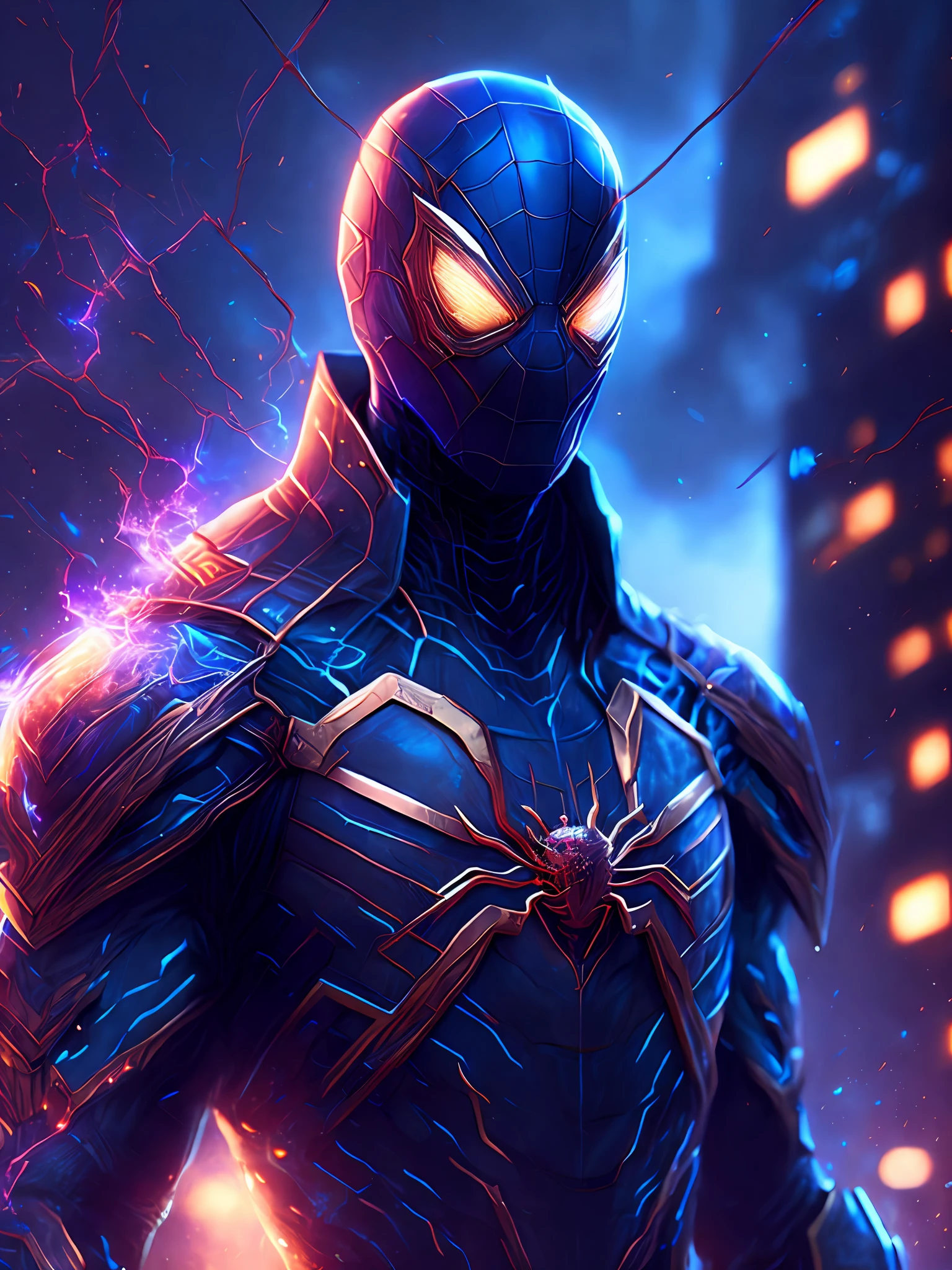 gloomy portrait of Iron Spider from Marvel, extremely detailed, futuristic cityscape, nighttime, glowing neon lights, smoke, sparks, metal shavings, flying debris, blue energy effects, volumetric light