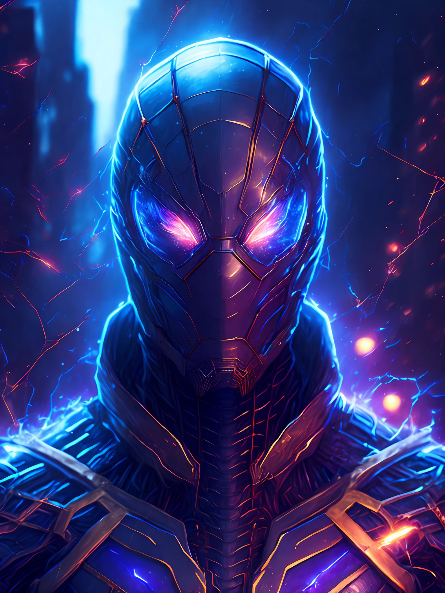 gloomy portrait of Iron Spider from Marvel, extremely detailed, futuristic cityscape, nighttime, glowing neon lights, smoke, sparks, metal shavings, flying debris, blue energy effects, volumetric light