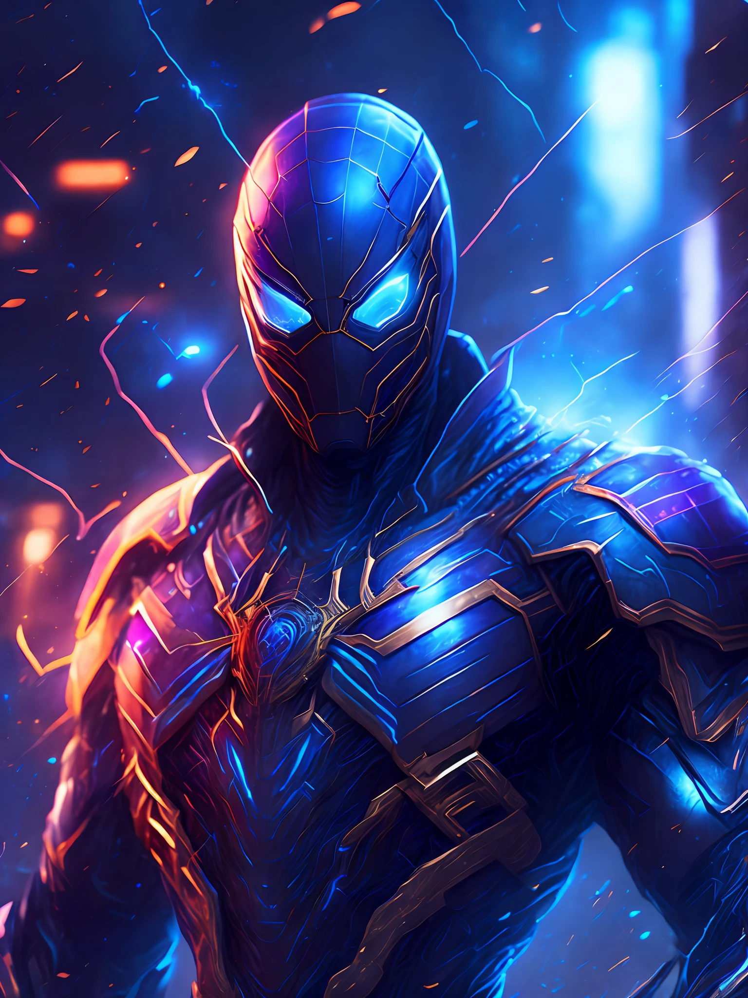 gloomy portrait of Iron Spider from Marvel, extremely detailed, futuristic cityscape, nighttime, glowing neon lights, smoke, sparks, metal shavings, flying debris, blue energy effects, volumetric light