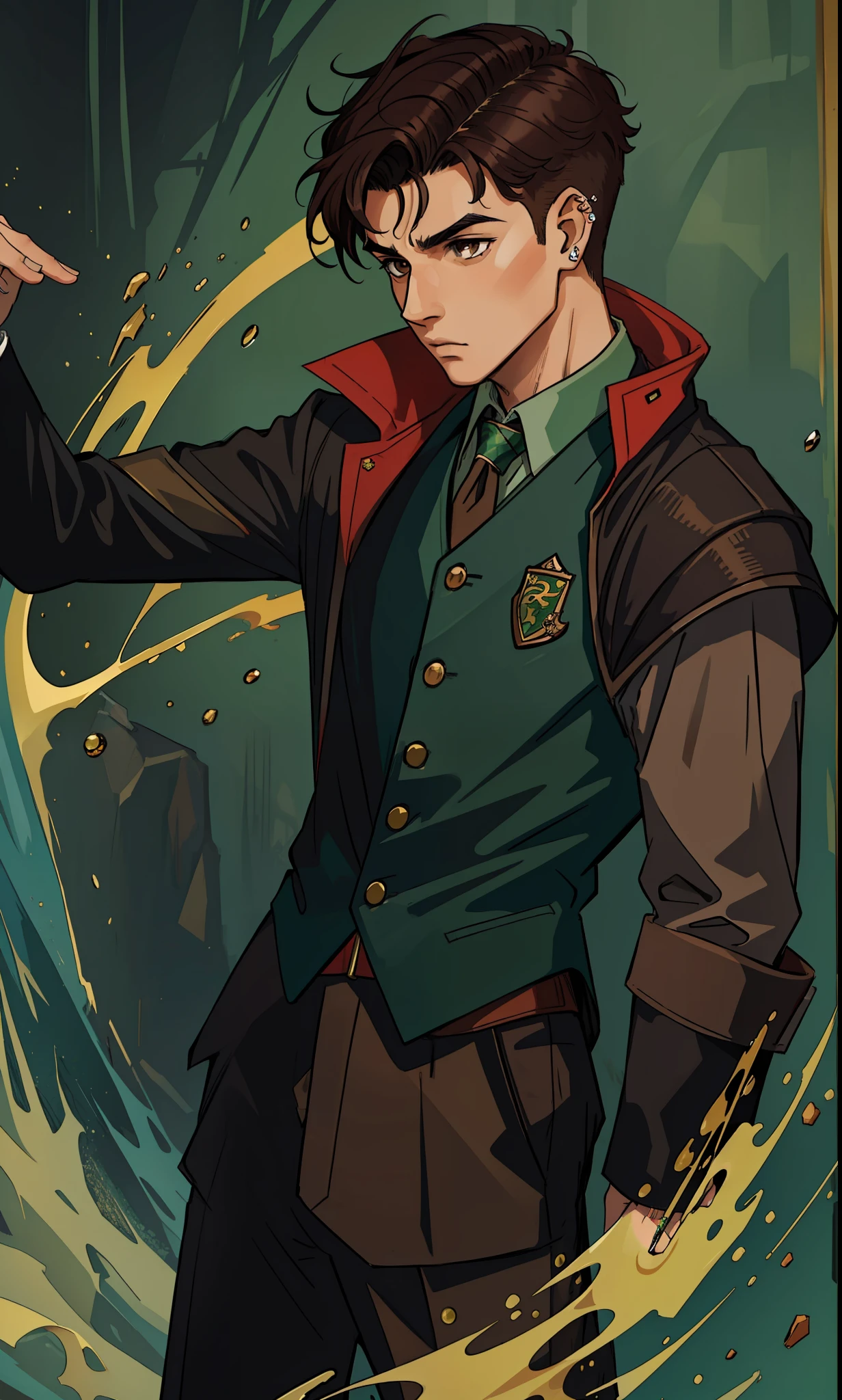 (masterpiece, best quality), intricate details, 8k, artstation, wallpaper, official art, splash art, sharp focus,
1boy, short hair half shaved on the sides, brown eyes, black hair with red locks,
Wearing a Slytherin/Slytherin suit, eyebrow and mouth piercing, brown skin
Hogwarts in the background