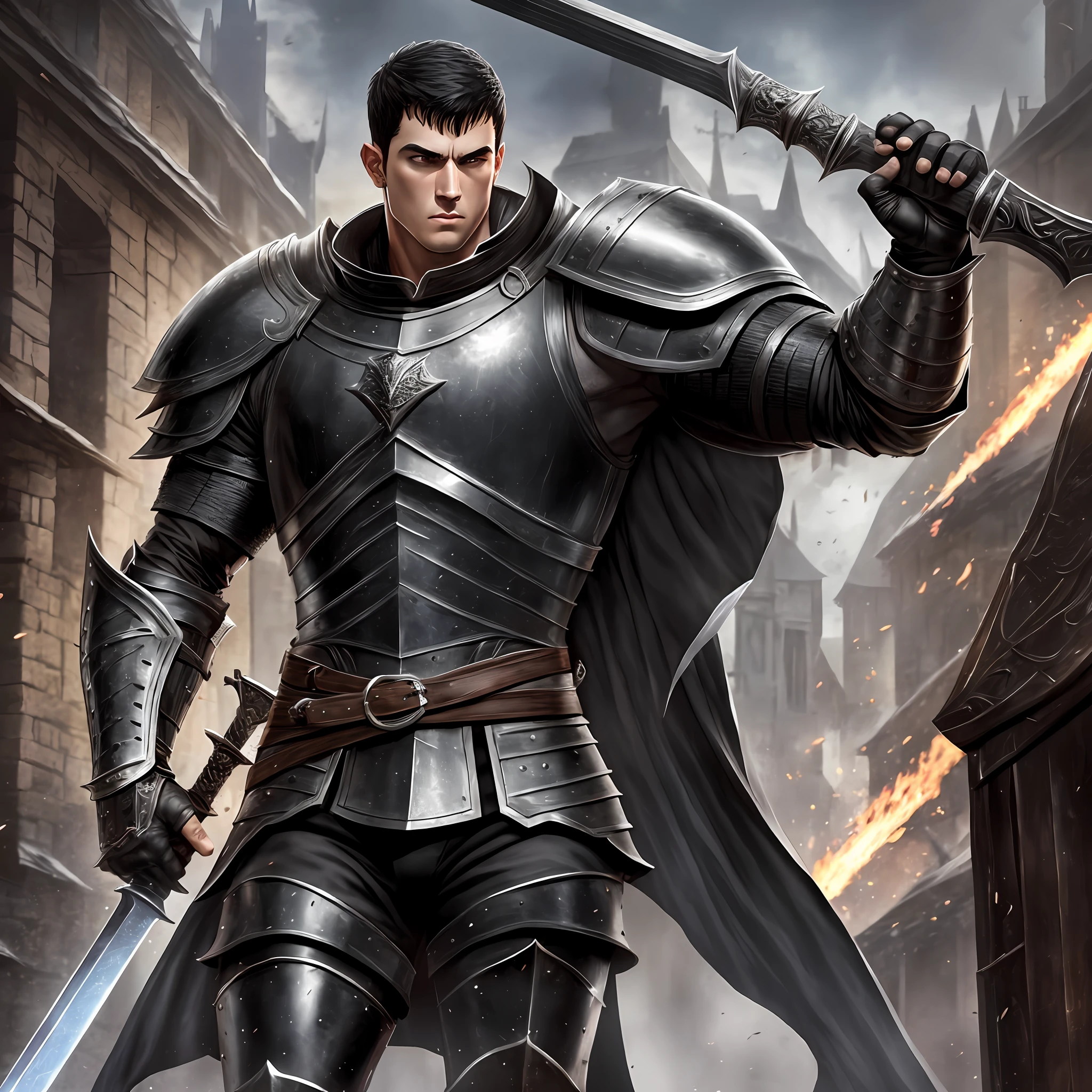 Tall skinny Young giant boy muscular wide, guts, berserk, short black hair, wearing a black medieval Armor, large shoulder pads, black breastplate, and a black cape, holding a giant wide black sword, fighting, outside a tavern, Realistic, Full HD, best quality