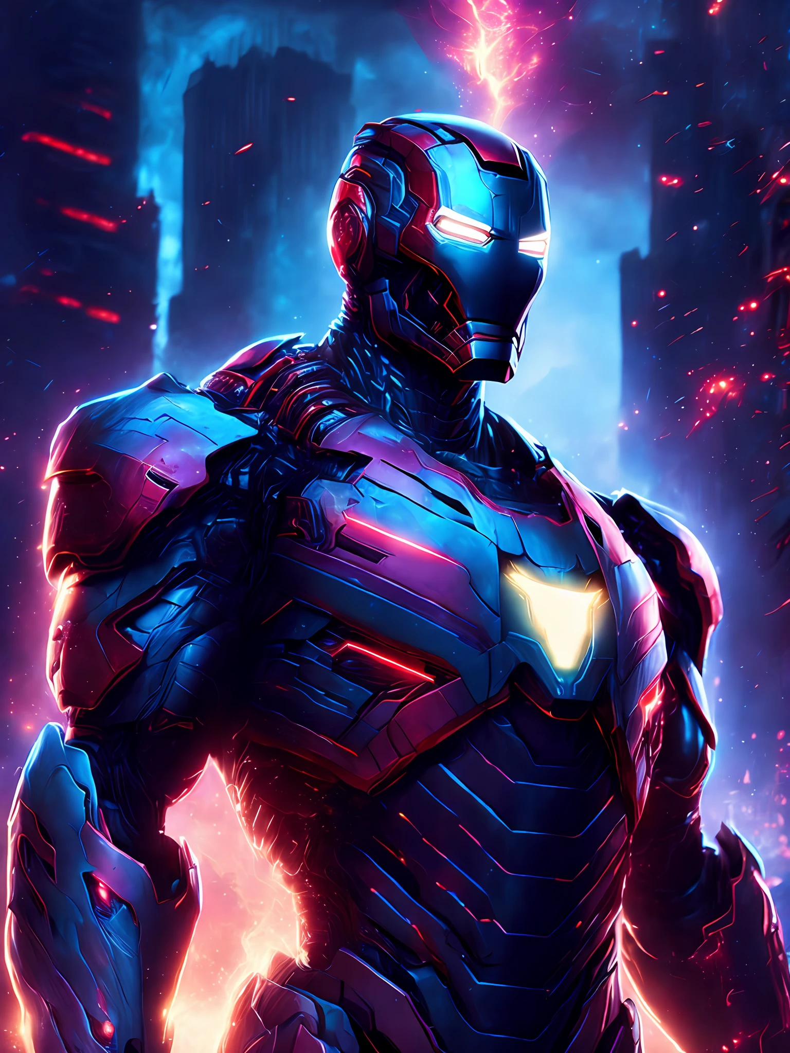 gloomy portrait of Iron Man 2099 from Marvel, extremely detailed, futuristic cityscape, nighttime, glowing neon lights, smoke, sparks, metal shavings, flying debris, blue energy effects, volumetric light