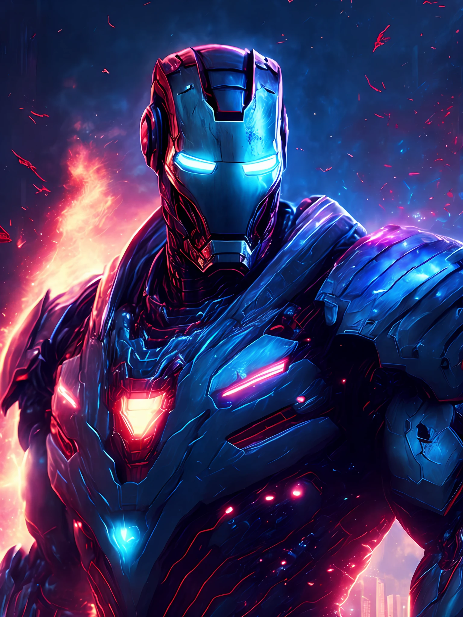 gloomy portrait of Iron Man 2099 from Marvel, extremely detailed, futuristic cityscape, nighttime, glowing neon lights, smoke, sparks, metal shavings, flying debris, blue energy effects, volumetric light