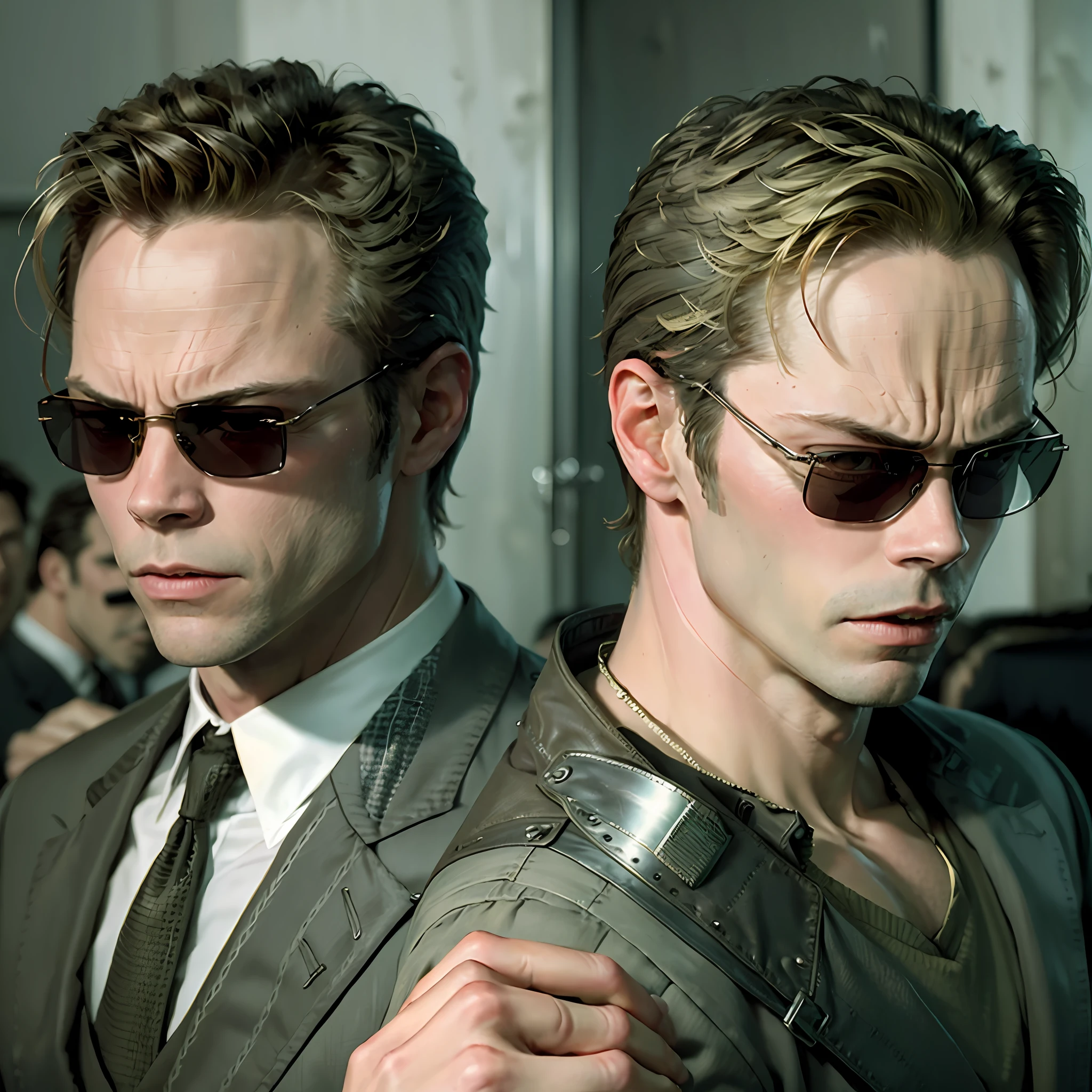 ((best quality)), ((masterpiece)), (detailed) fan art of evil man, there are two people fist fighting, evil looking blond GUY PEARCE face, blond GUY PEARCE in a suit with square sunglasses close up, blond GUY PEARCE in a suit angry, blond GUY PEARCE in a suit with squared sunglasses, square sunglasses, the matrix (1999), square sunglasses, night, 80mm, ((western animation)), (neo the matrix (1999)), (short hair), (((camera facing back)))