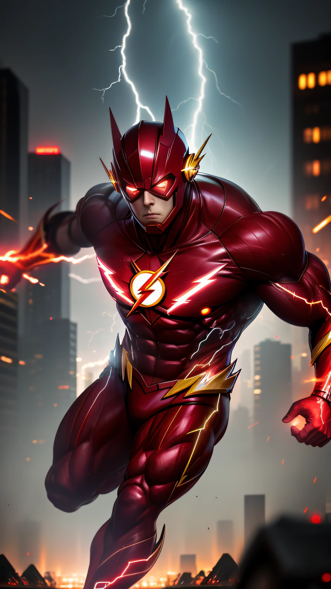 the flash , zombie, invoked mask,glowing red eyes, bodybuilder, running, in the background a city, lightning in the sky, ultra details, ultra realistic, cinematic , octane render, 16k
