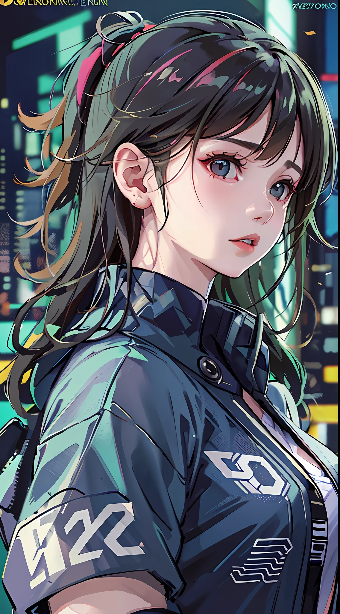 Wearing cyberpunk complex streetwear, beautiful, girl, detailed portrait, 4 K, bright colors, concept art, cinematic dramatic atmosphere, sharp focus, volumetric lighting, cinematic lighting, studio quality