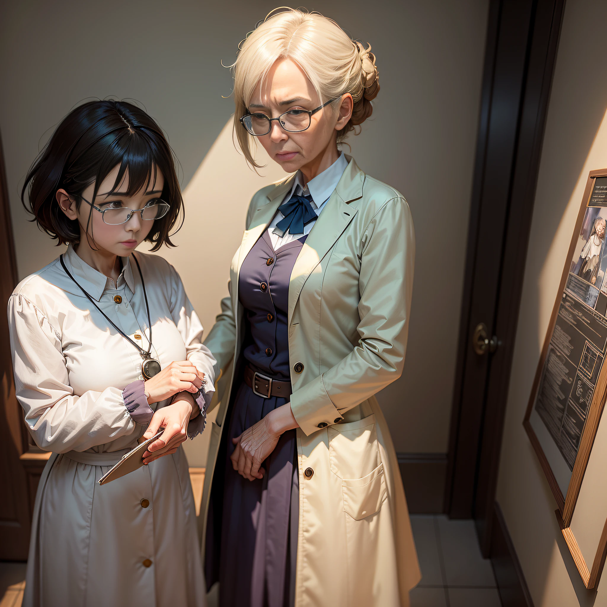 elderly woman, scientist, wearing white lab coat, teaching, simple art inspired by the visual style of the Ghibli studio, Baroque oil painting Anime key visual full-body portrait concept art, Grimdark brutalist fantasy, noble dictator kuudere, pixiv fan box of trend, rule of thirds golden ratio, by Greg Rutkowski Wlop Makoto Shinkai Takashi Takeuchi Studio Ghibli Jamie Wyeth, On the wall a picture with Marie Curie