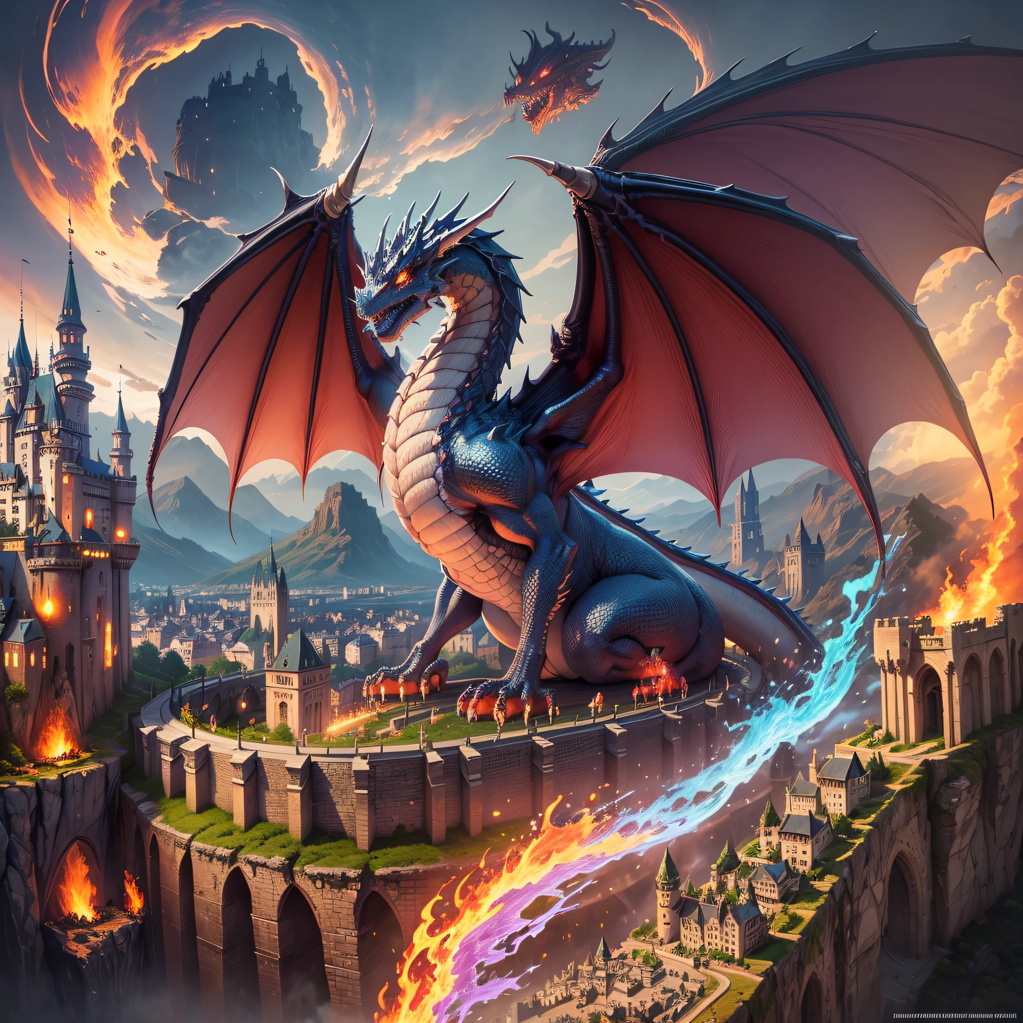 A city with a castle in the background, epic dragon, dragon of D&D, dungeon and art of dragons, a majestic gothic dragon, legendary dragon, colossal dragon, dragon, dragon art, dragon breathing fire --auto --s2