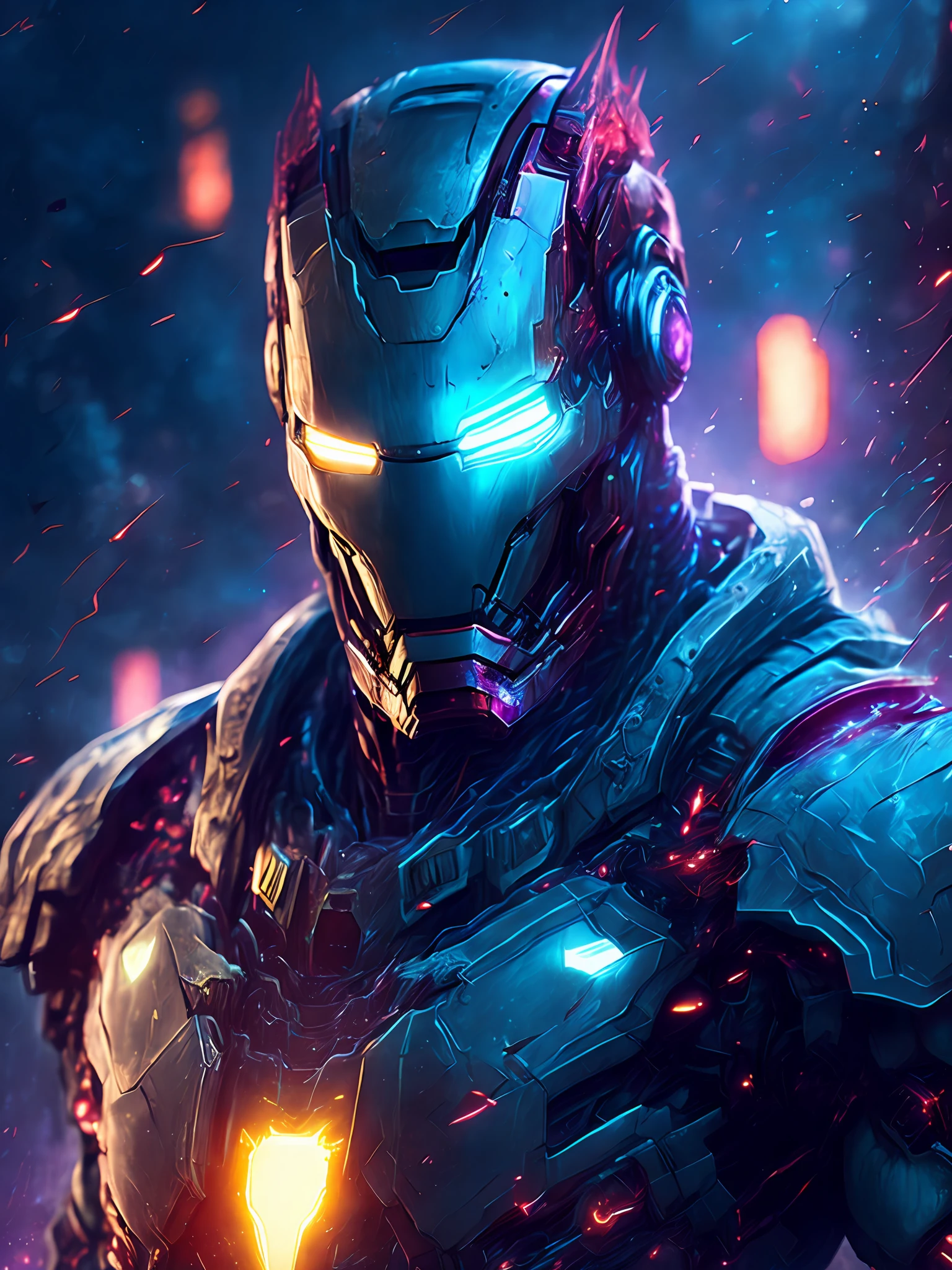 gloomy portrait of Zombie Iron Man from Marvel, extremely detailed, futuristic cityscape, nighttime, glowing neon lights, smoke, sparks, metal shavings, flying debris, blue energy effects, volumetric light