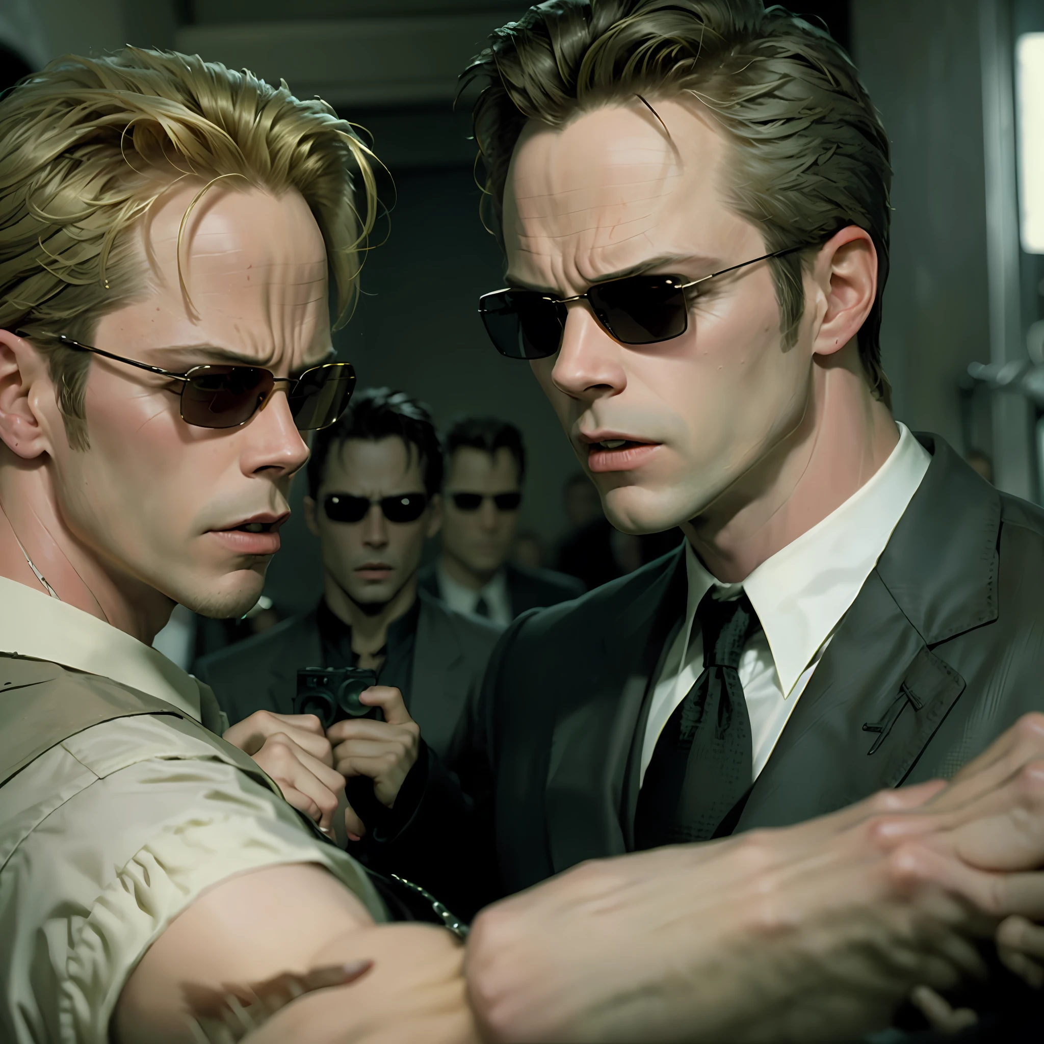((best quality)), ((masterpiece)), (detailed) fan art of evil man, there are two people fist fighting, evil looking blond GUY PEARCE face, blond GUY PEARCE in a suit with square sunglasses close up, blond GUY PEARCE in a suit angry, blond GUY PEARCE in a suit with squared sunglasses, square sunglasses, the matrix (1999), square sunglasses, night, 80mm, ((western animation)), (neo the matrix (1999)), (short hair), (((camera facing back)))