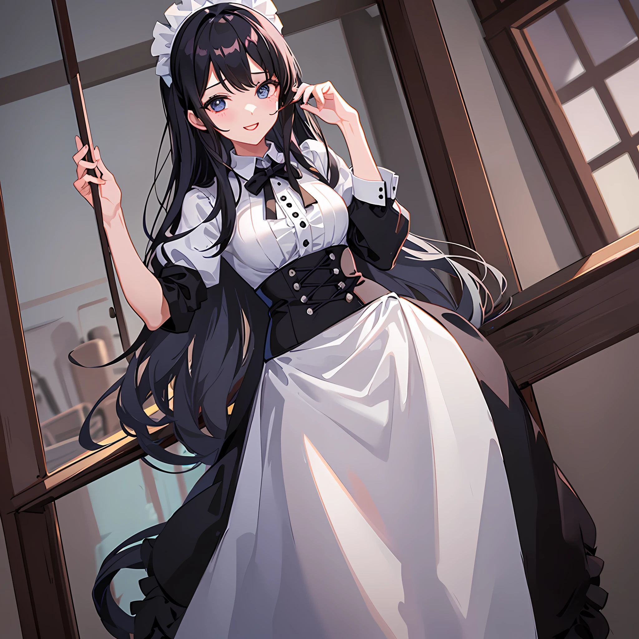woman, maid hot, Black hair, long hair, happy, beat quality, Full body, HD, 8k, Inside home