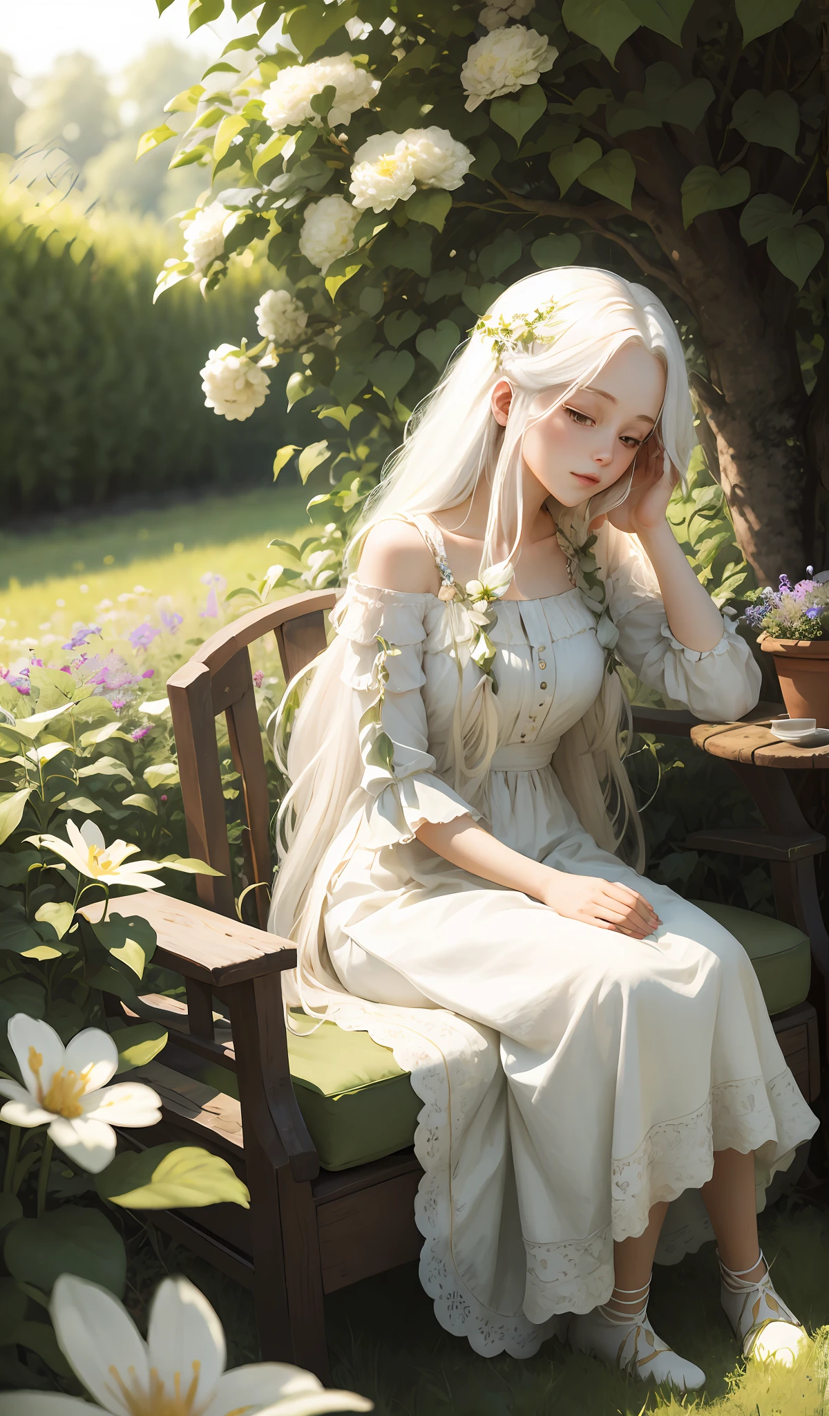 masterpiece, best quality),1girl with long white hair sitting in a field of green plants and flowers, her hand under her chin, warm lighting, white dress, blurry foreground