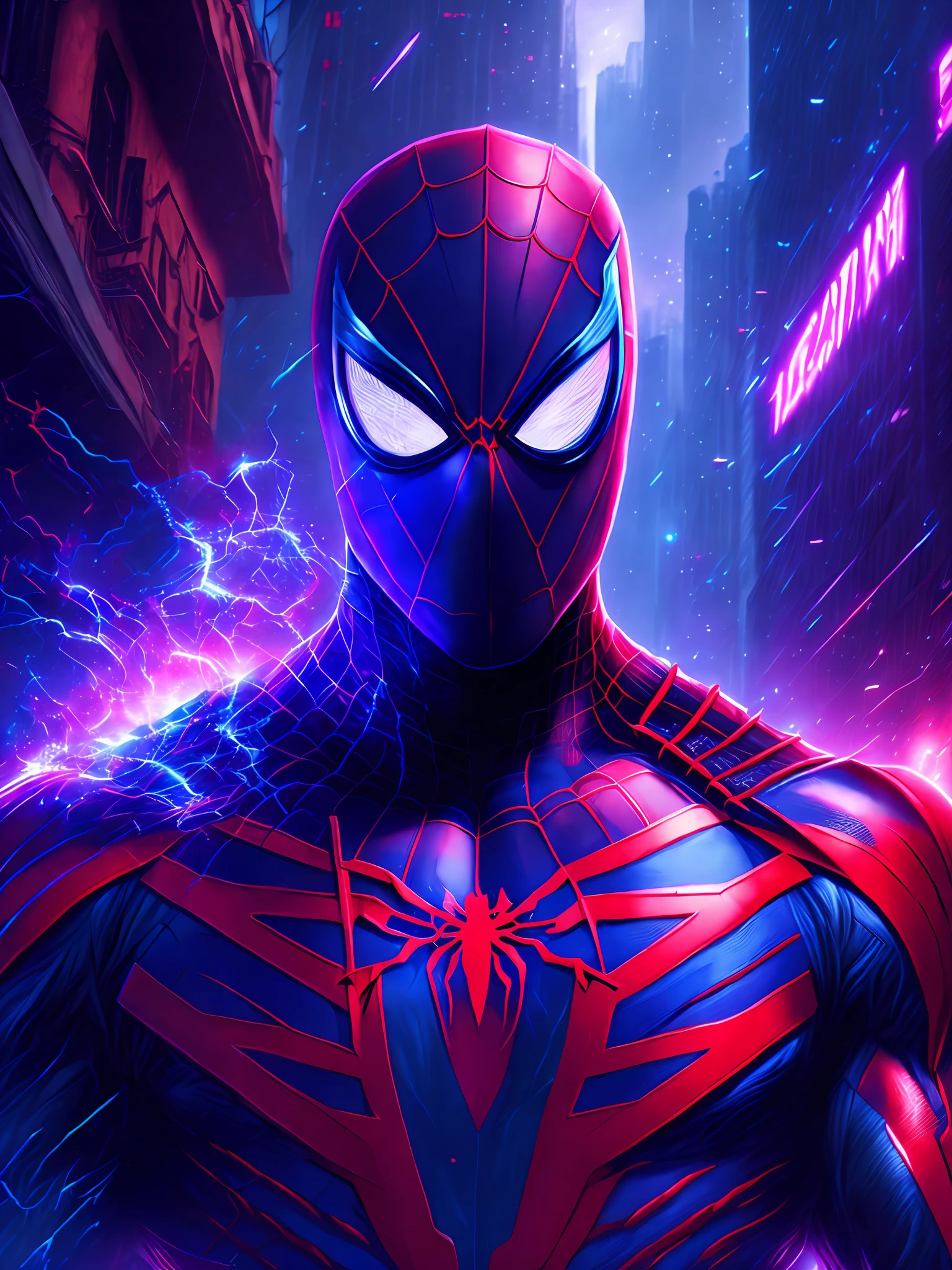 gloomy portrait of Spider-Man 2099 from Marvel, extremely detailed, futuristic cityscape, nighttime, glowing neon lights, smoke, sparks, metal shavings, flying debris, blue energy effects, volumetric light