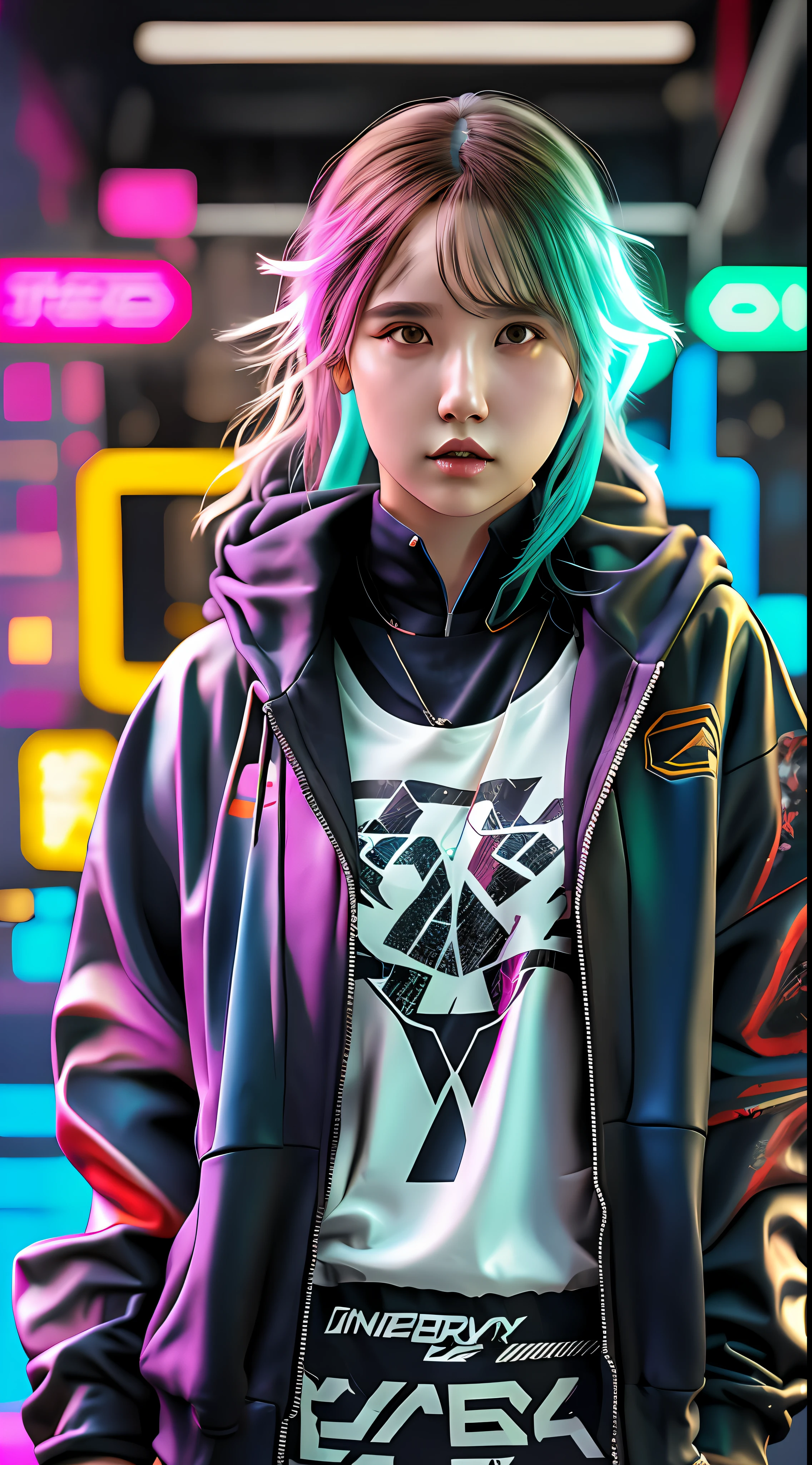 Wearing cyberpunk complex streetwear, beautiful, girl, detailed portrait, 4 K, bright colors, concept art, cinematic dramatic atmosphere, sharp focus, volumetric lighting, cinematic lighting, studio quality