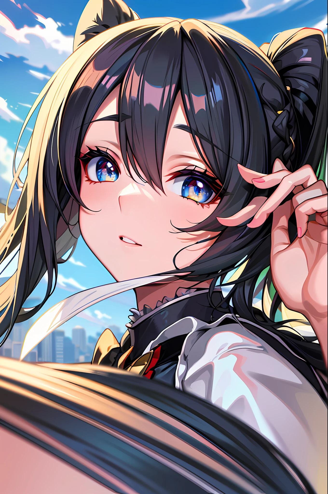 (best quality:1.3), (ultra-detailed:1.3), ((8k high quality detailed art)), (best shadow:0.7), (hair handled), ((long hair)), (sharp eyeliner, eyeshadow, detailed eyes:1.1), (detailed hair), perfect anatomy, sharp focus, hyper detailed, detailed eyes, eye focus, (illustration:1.1), highres, (extremely detailed CG unit 8k wallpaper:1.1), (mid shot1.25), (portrait:1.25), (solo:1.2), (((1girl))), (beautiful face:1.15), ((goddess dress)), long hair with the color of the rainbow, eyes colored with various colors, sunny sky, wings, white dress, large breasts
