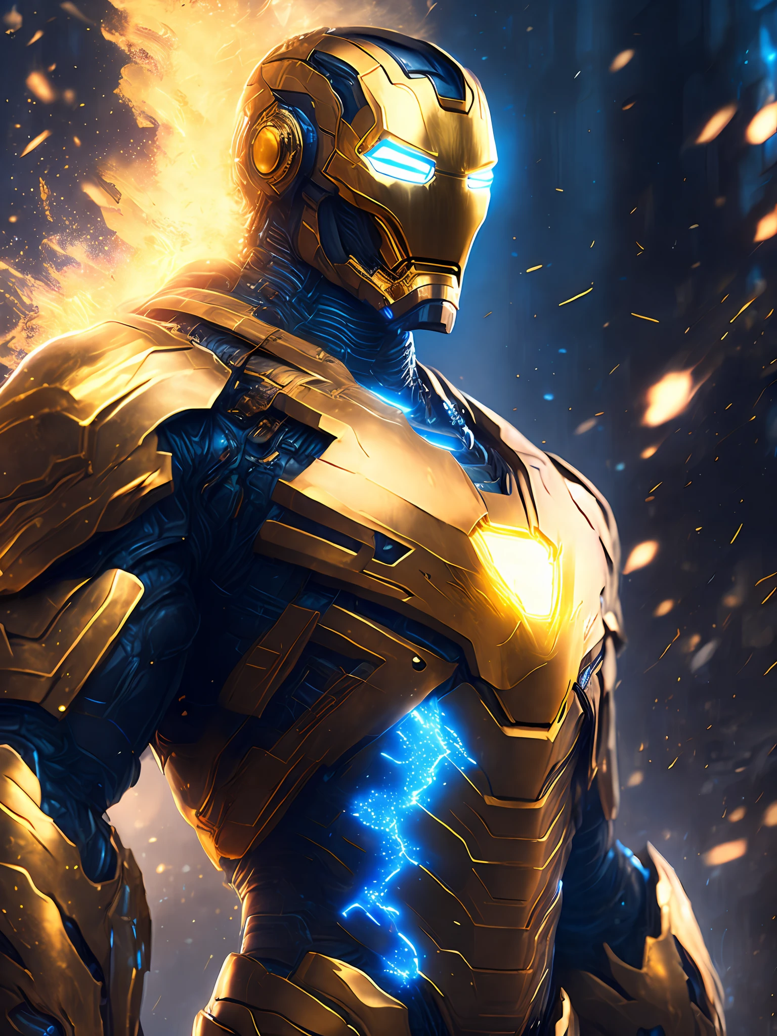 gloomy portrait of Gold Iron Man from Marvel, extremely detailed, futuristic cityscape, nighttime, glowing neon lights, smoke, sparks, metal shavings, flying debris, blue energy effects, volumetric light