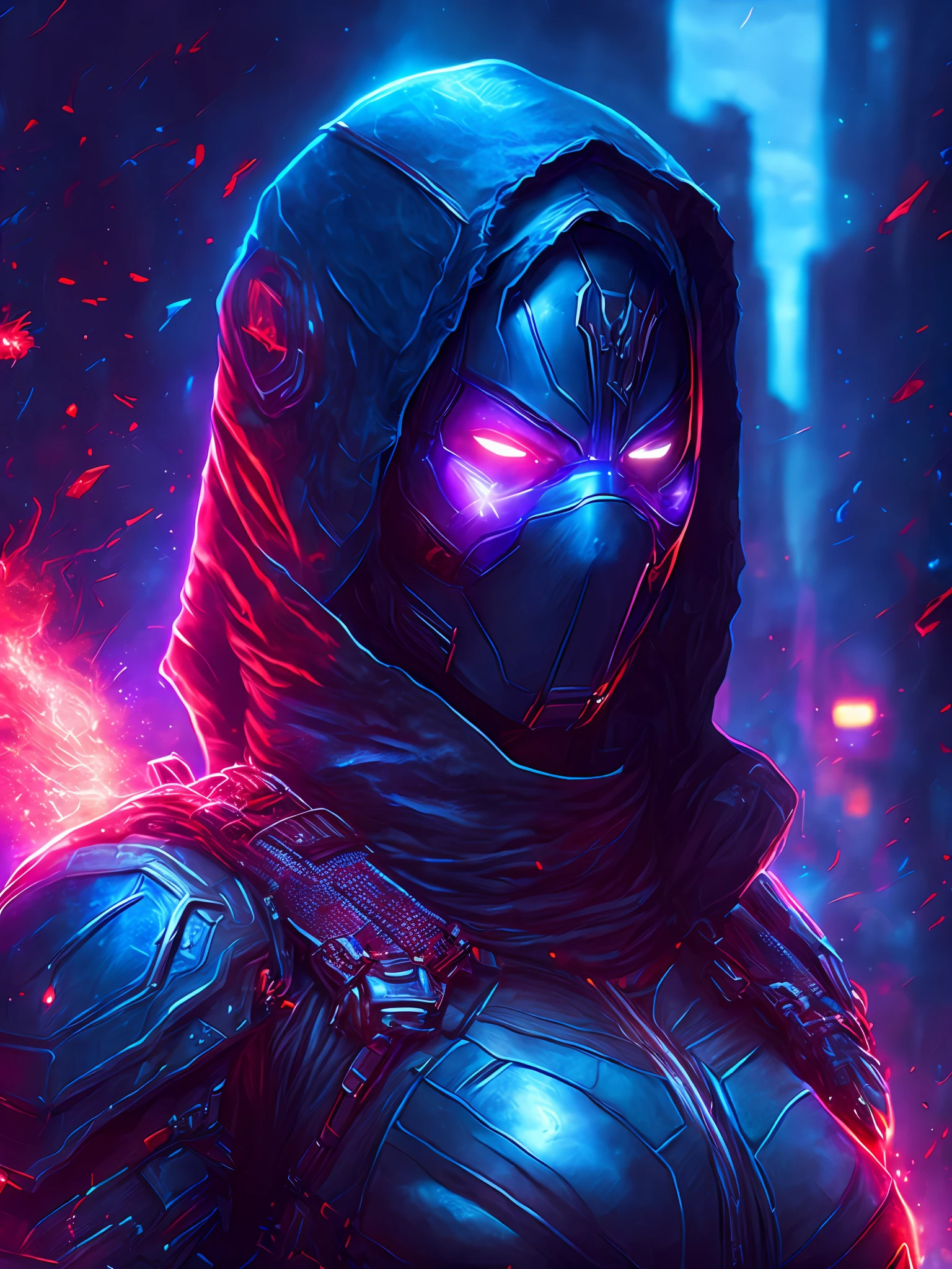 gloomy portrait of Woman dressed as Deadpool from Marvel, extremely detailed, futuristic cityscape, nighttime, glowing neon lights, smoke, sparks, metal shavings, flying debris, blue energy effects, volumetric light
