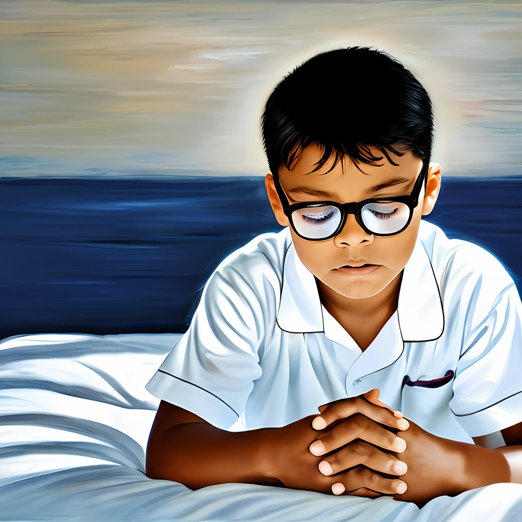 guttonerdvision3, Create an illustration that portrays a 3-year-old boy wearing glasses, with a detailed face and skin. He is dressed in a child's pajamas and is shown kneeling on the floor beside his bed. His elbows are resting on the mattress, and his hands are clasped together in a prayer position. His eyes are closed, indicating that he is deep in prayer.
From above, a bright celestial light shines down on the boy, creating a heavenly and ethereal atmosphere. The light illuminates his face, emphasizing the tranquility and serenity of his prayerful state. Use subtle shading and highlights to enhance the luminosity of the celestial light, giving it a radiant and otherworldly quality.
Pay close attention to the intricate details of the boy's face, capturing the expression of peace and devotion. Show the subtle contours of his skin, the reflection of the light in his glasses, and the texture of his pajamas. Use Alex Ross's signature style to bring realism and depth to the illustration.
Surround the boy with elements that reinforce the celestial atmosphere. You can include soft clouds or heavenly rays in the background to further enhance the sense of divine presence. Keep the color palette light and ethereal, with gentle shades of white, gold, and pastel tones.
Incorporate Alex Ross's artistic approach by paying attention to realistic rendering, meticulous attention to detail, and capturing the emotional depth of the scene. The final illustration should evoke a sense of reverence and spirituality, with the boy's prayer being answered by the celestial light shining upon him.
Please note that as an AI text-based model, I can't generate visual illustrations directly. However, I have provided a detailed description that can serve as a guide for an artist to create the desired illustration in Alex Ross's style.