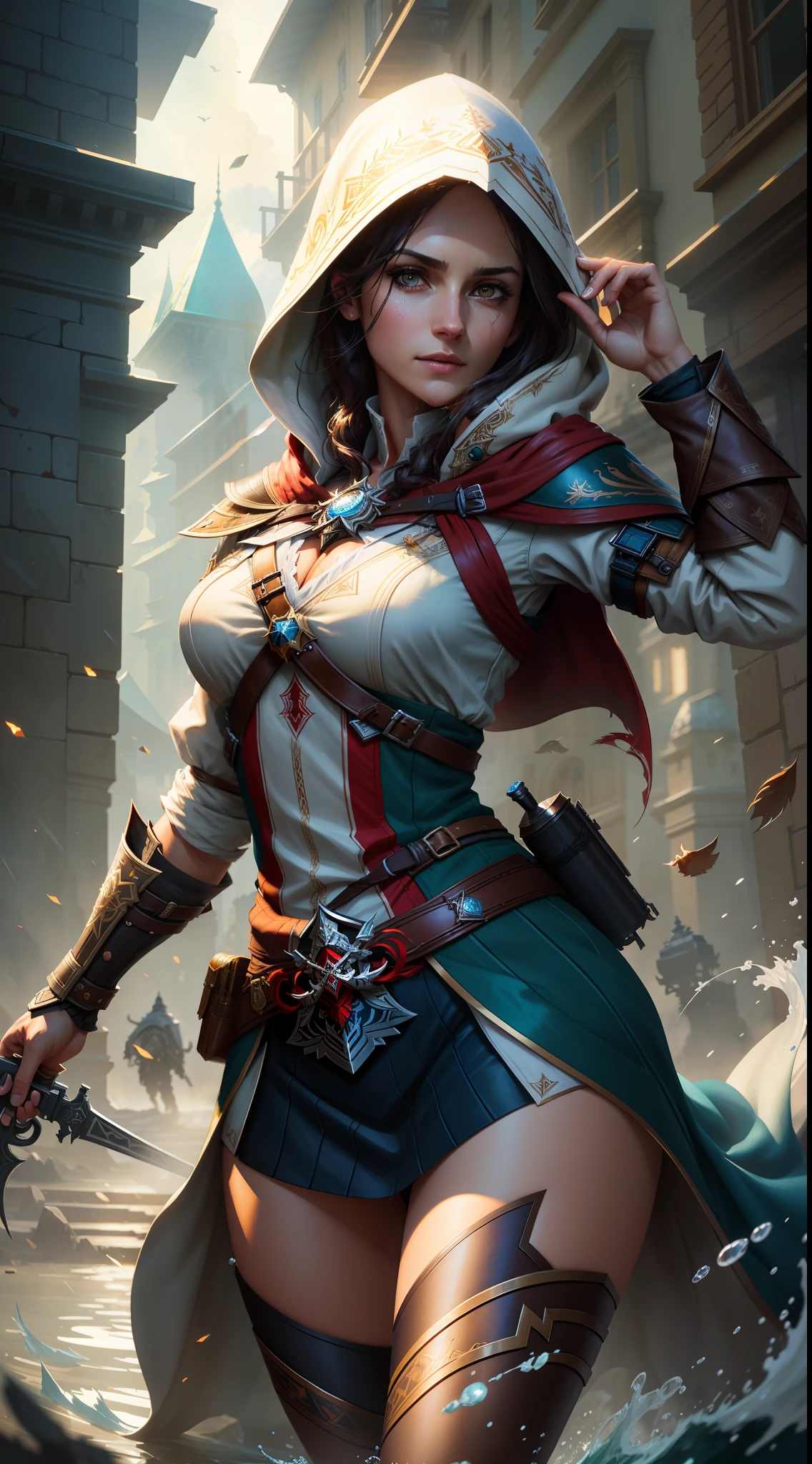 Altair medium female full shot of Assassin's Creed, detailed symmetrical hazelnut eyes, beautiful detailed face, attack pose, in the style of artists like Russ Mills, Darek Zabrocki, Ivan laliashvili, Jean-Baptiste Monge. Water-dropped ink, splash drips, paper texture, manga paste and perfect shading, with dramatic lighting. The artwork should be centralized, stylized, and elaborate. TanvirTamim. rendered in 8K resolution for high-quality detail, artstation, concept art, smooth and sharp focus, illustration, highly detailed smooth natural volumetric cinematic light, intricate art masterpiece