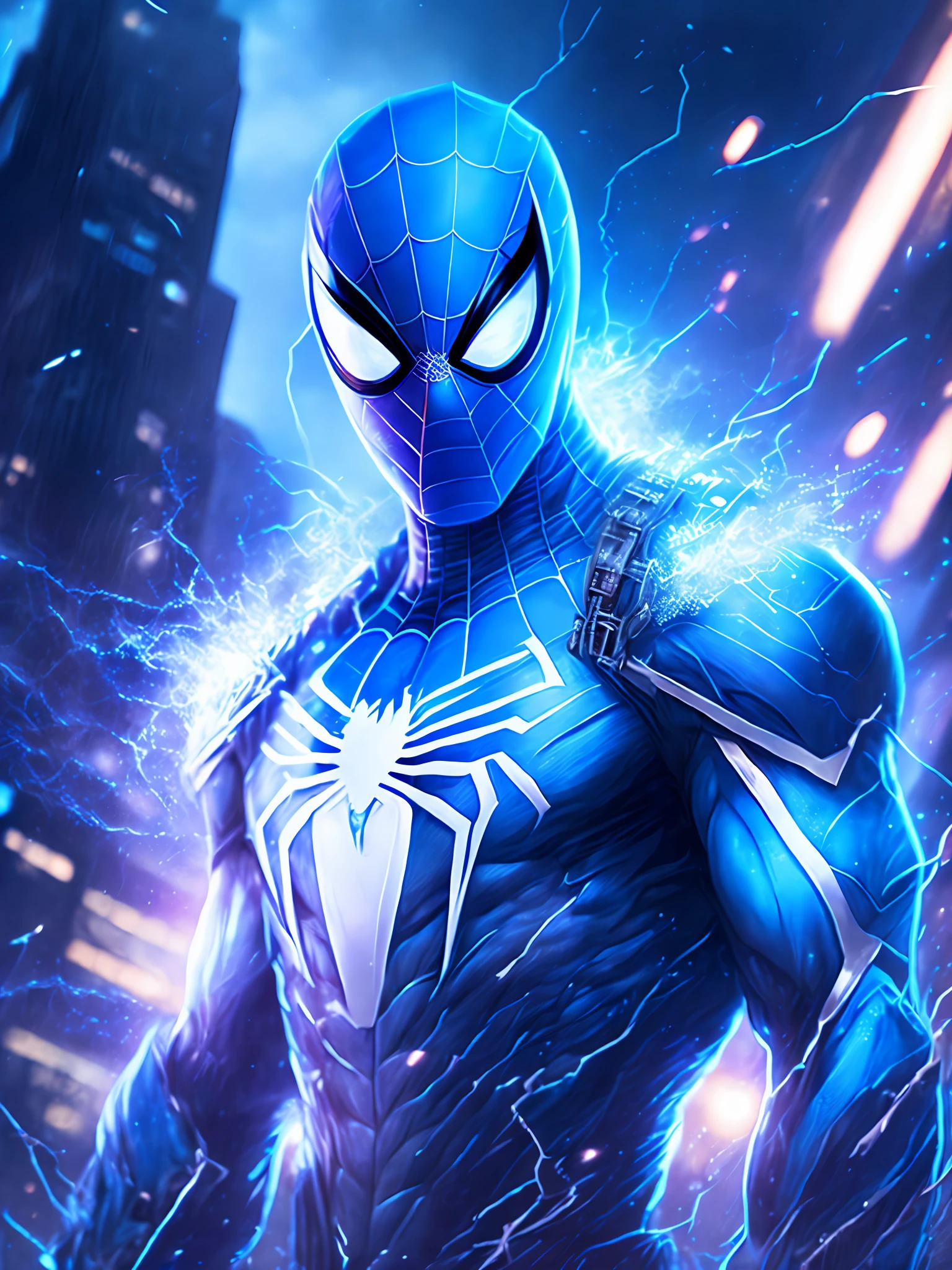 gloomy White Spider-Man from Marvel portrait, extremely detailed, futuristic cityscape, nighttime, glowing neon lights, smoke, sparks, metal shavings, flying debris, blue energy effects, volumetric light