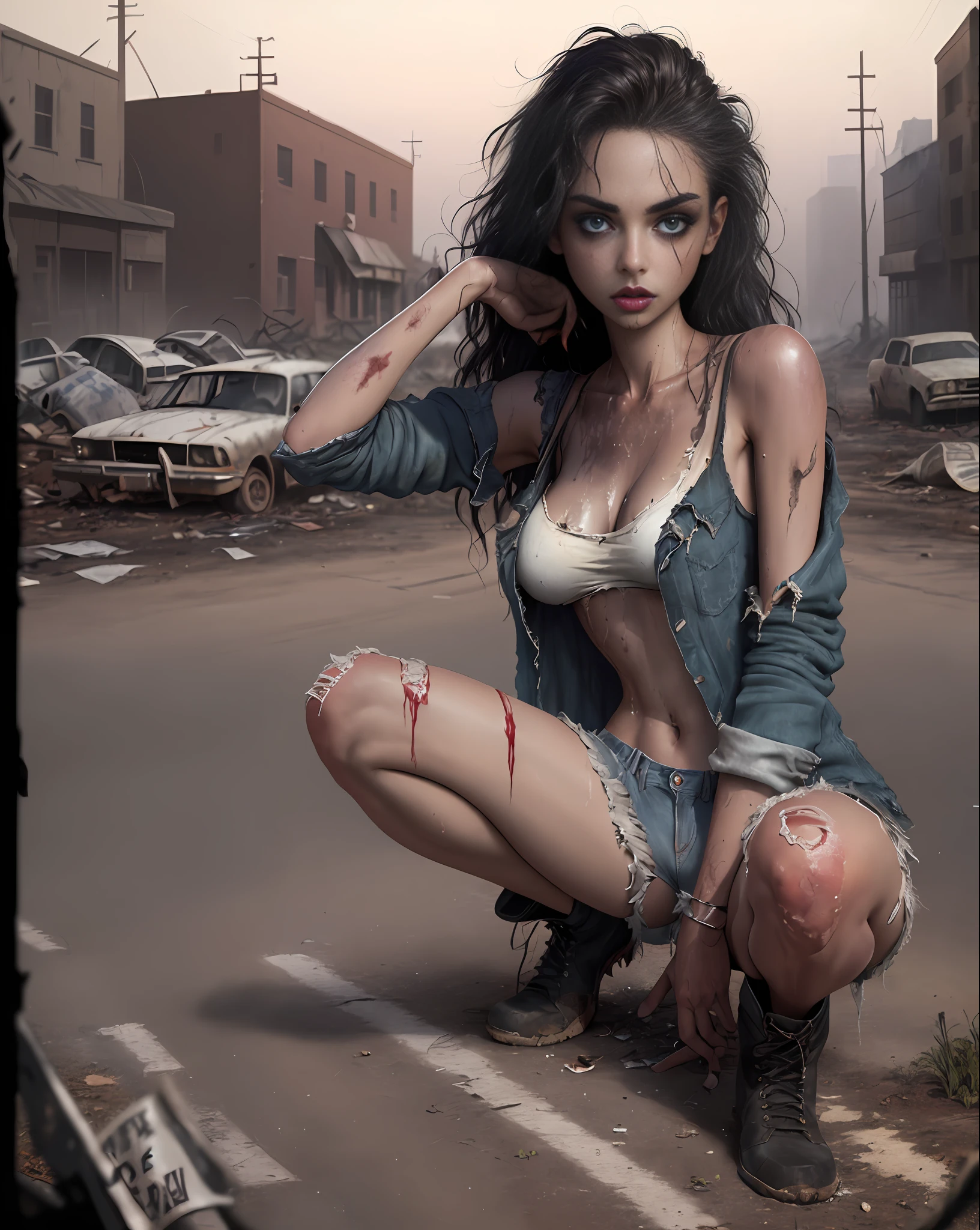Yael Shelbia (beautiful and daring zombie, seductive and attractive, blue eyes, pointed breasts, long curly black hair, sweaty body, open shirt, short shorts, boot, thick legs). (deserted road, dirt road, blood, smoke, abandoned cars, newspapers, abandoned objects, bodies lying on the ground, abandoned road, apocalyptic scenery, cinematic effect), (Best quality, masterpiece, depth of field, Full HD, 4K, richness of detail). Portrait style