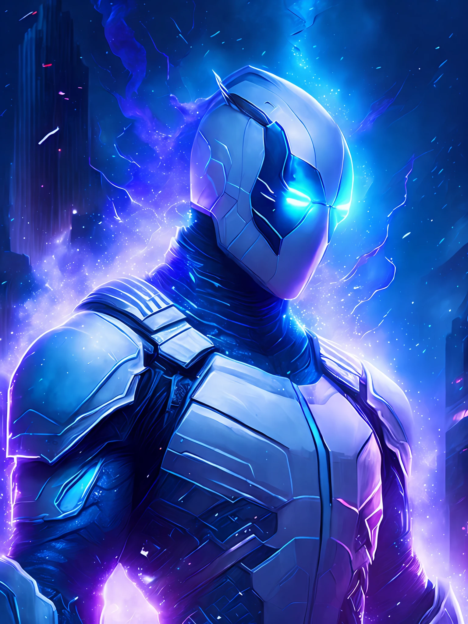 gloomy portrait of White Deadpool from Marvel, extremely detailed, futuristic cityscape, nighttime, glowing neon lights, smoke, sparks, metal shavings, flying debris, blue energy effects, volumetric light