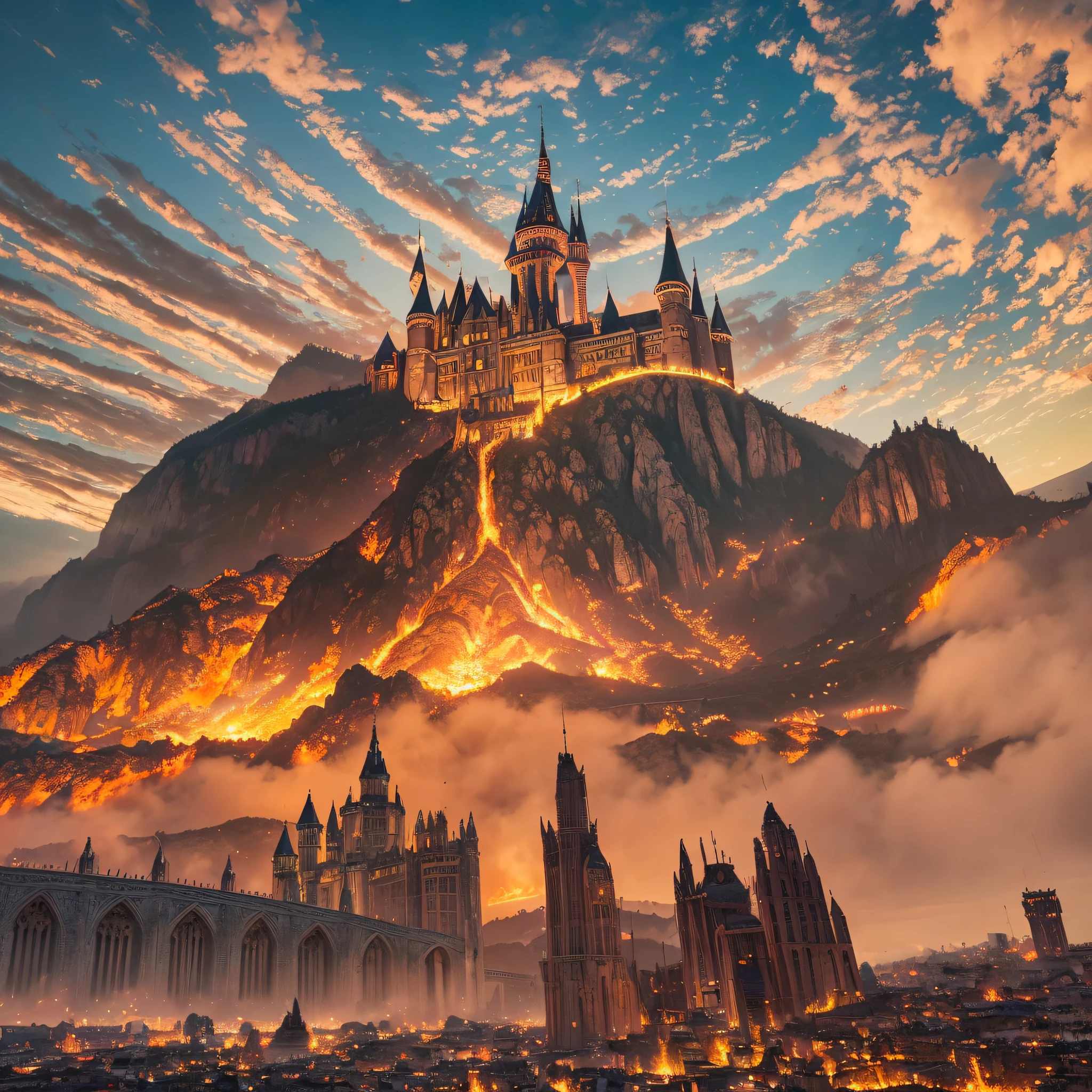 Masterpiece, best quality, {best quality}, {{masterpiece}}, {highres}, a city with a castle in the background, epic dragon, d&d dragon, dungeon and dragon art, a majestic gothic dragon, legendary dragon, colossal dragon, dragon, dragon art, red sky, lava, fire, flaming --auto --s2
