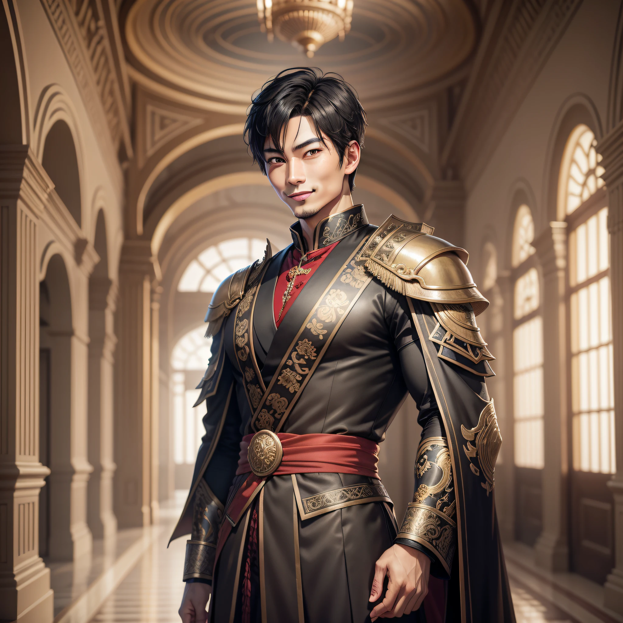 realistic image of an oriental man, strong, black eyes, short hair and goosebumps, dressed in elegant black RPG clothes, black shoulder pads, sarcastic smile, scenery of an inner hall of a palace, smoky
