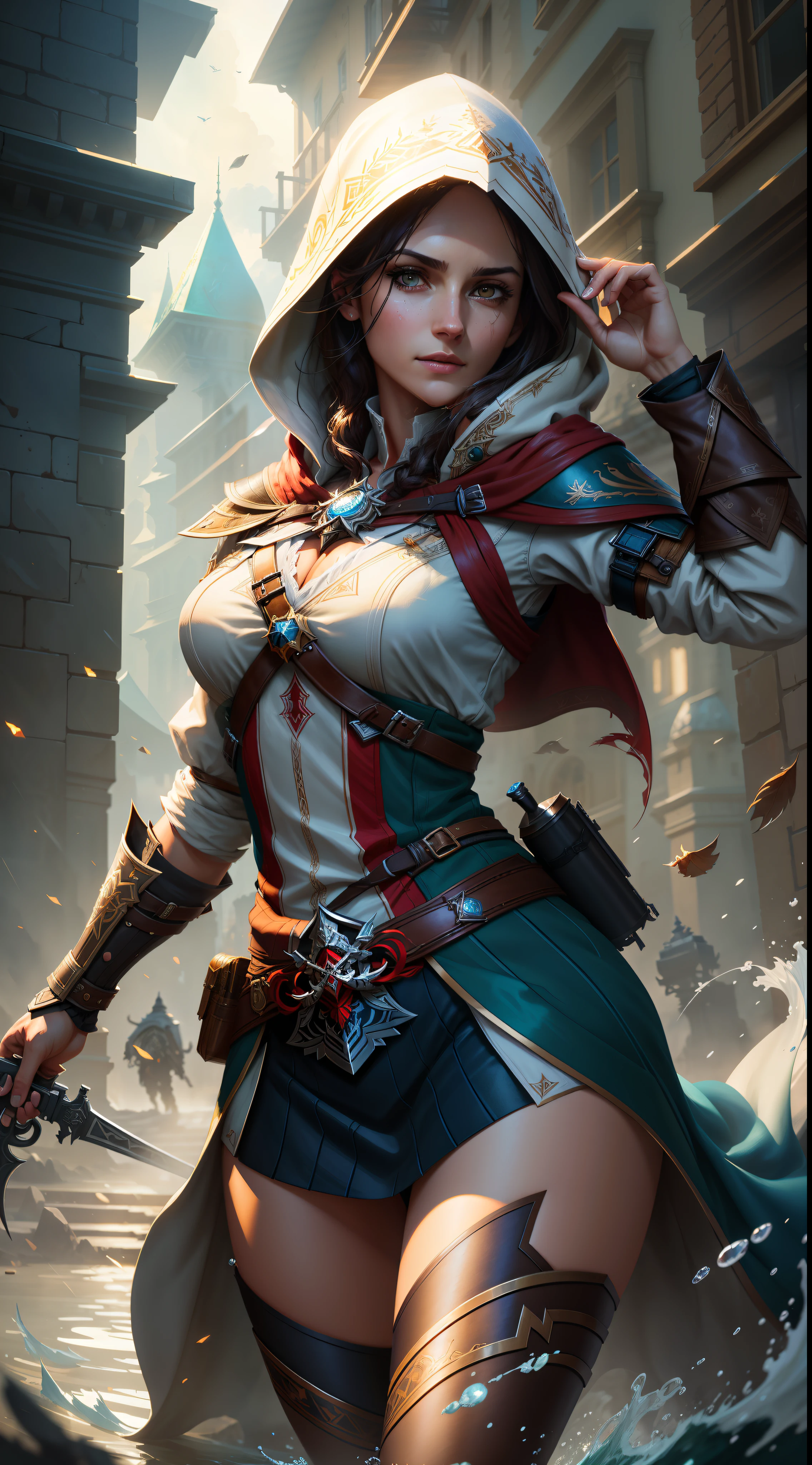 Altair medium female full shot of Assassin's Creed, detailed symmetrical hazelnut eyes, beautiful detailed face, attack pose, in the style of artists like Russ Mills, Darek Zabrocki, Ivan laliashvili, Jean-Baptiste Monge. Water-dropped ink, splash drips, paper texture, manga paste and perfect shading, with dramatic lighting. The artwork should be centralized, stylized, and elaborate. TanvirTamim. rendered in 8K resolution for high-quality detail, artstation, concept art, smooth and sharp focus, illustration, highly detailed smooth natural volumetric cinematic light, intricate art masterpiece