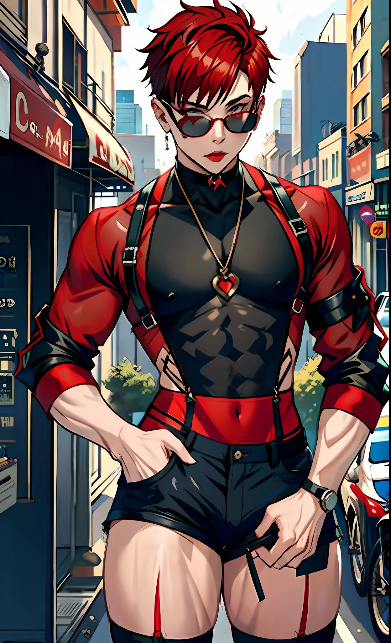 Male, Boy, sunglasses, makeup, short red hair pixie, shaved, thighs, bulge, genitals, erect, choker, shorts, thigh socks, transparent top, long sleeve, background: city